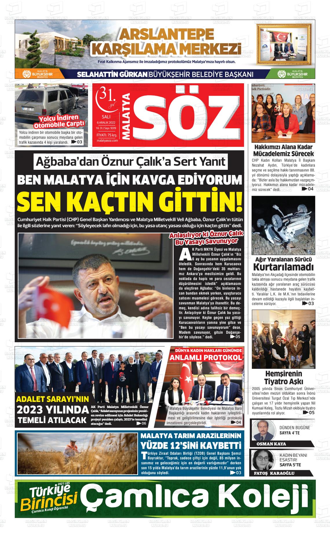 06 Aralık 2022 Malatya Söz Gazete Manşeti