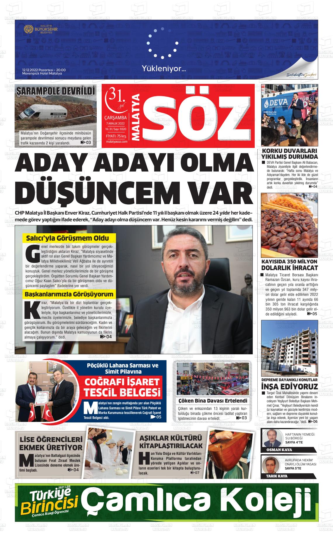 07 Aralık 2022 Malatya Söz Gazete Manşeti