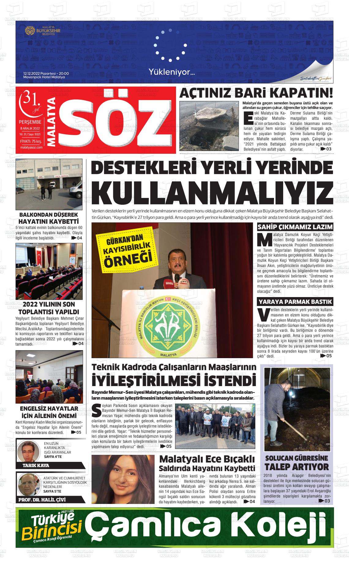 08 Aralık 2022 Malatya Söz Gazete Manşeti