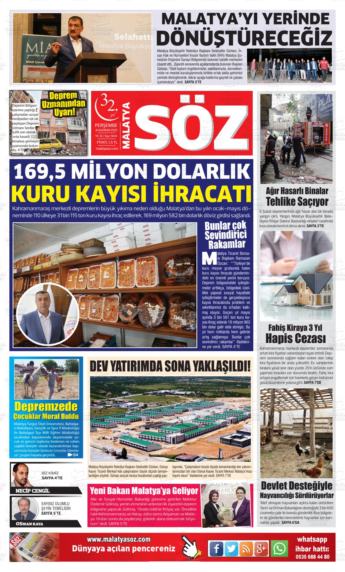 08 Haziran 2023 Malatya Söz Gazete Manşeti