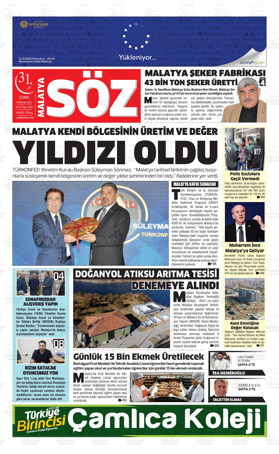 09 Aralık 2022 Malatya Söz Gazete Manşeti