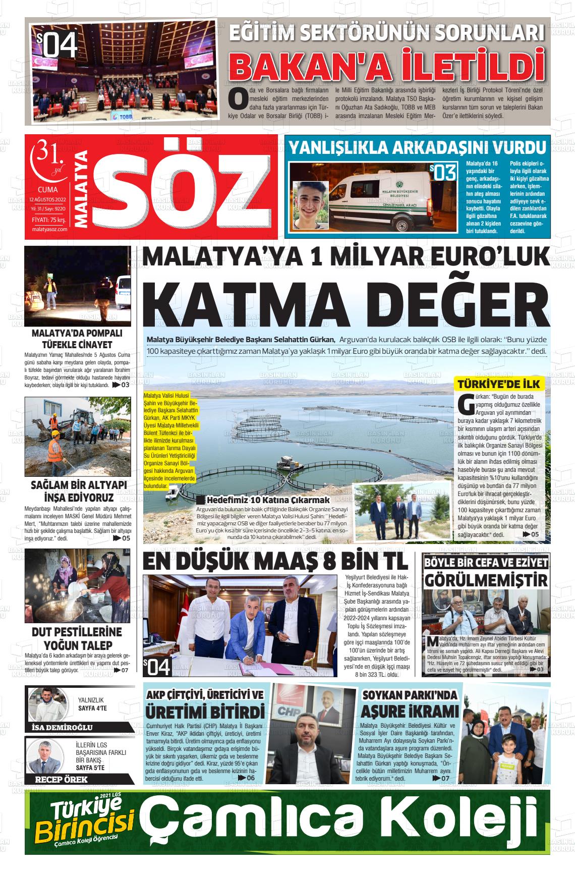12 Ağustos 2022 Malatya Söz Gazete Manşeti