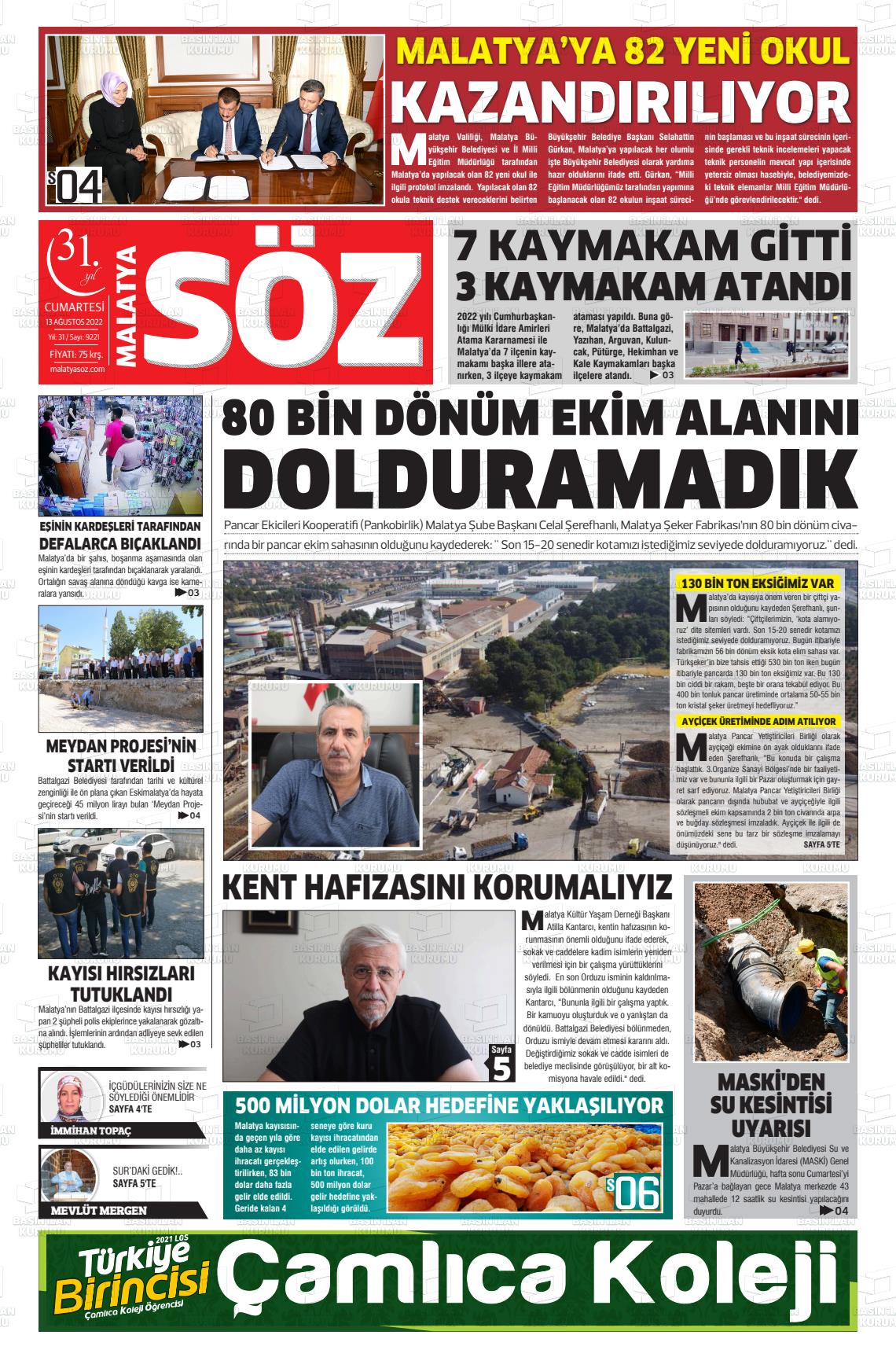 13 Ağustos 2022 Malatya Söz Gazete Manşeti