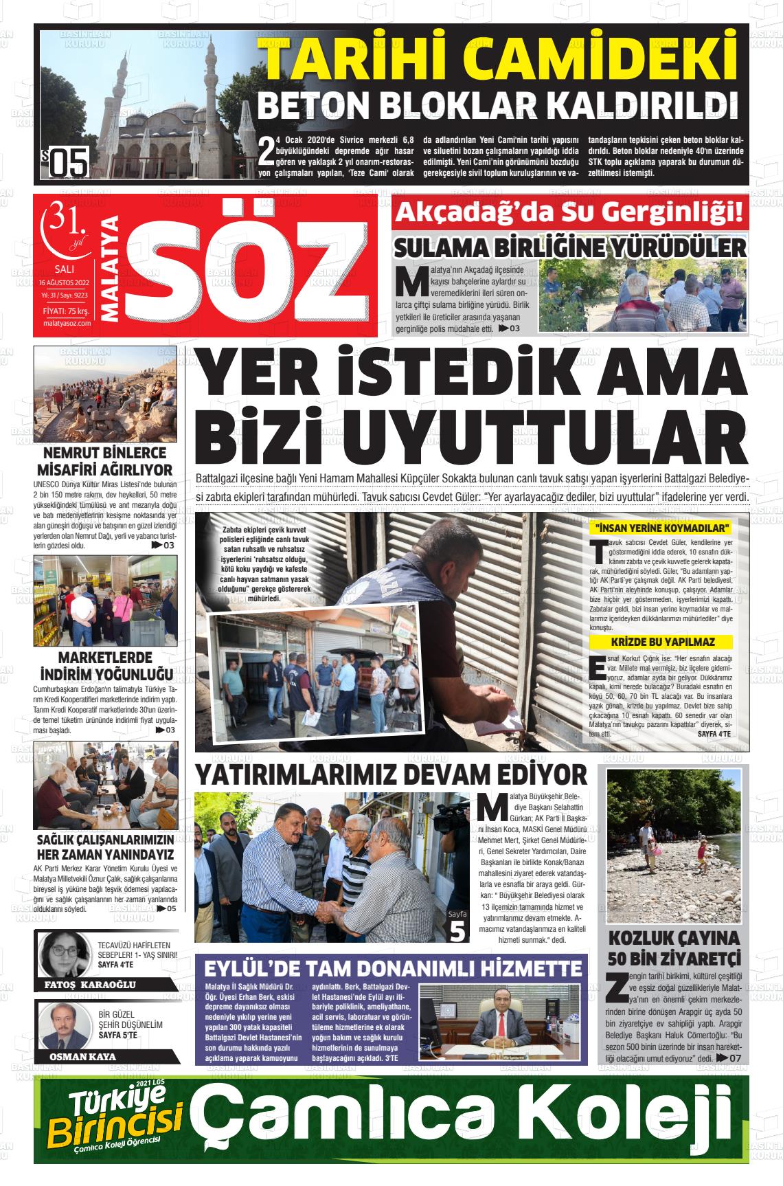 16 Ağustos 2022 Malatya Söz Gazete Manşeti
