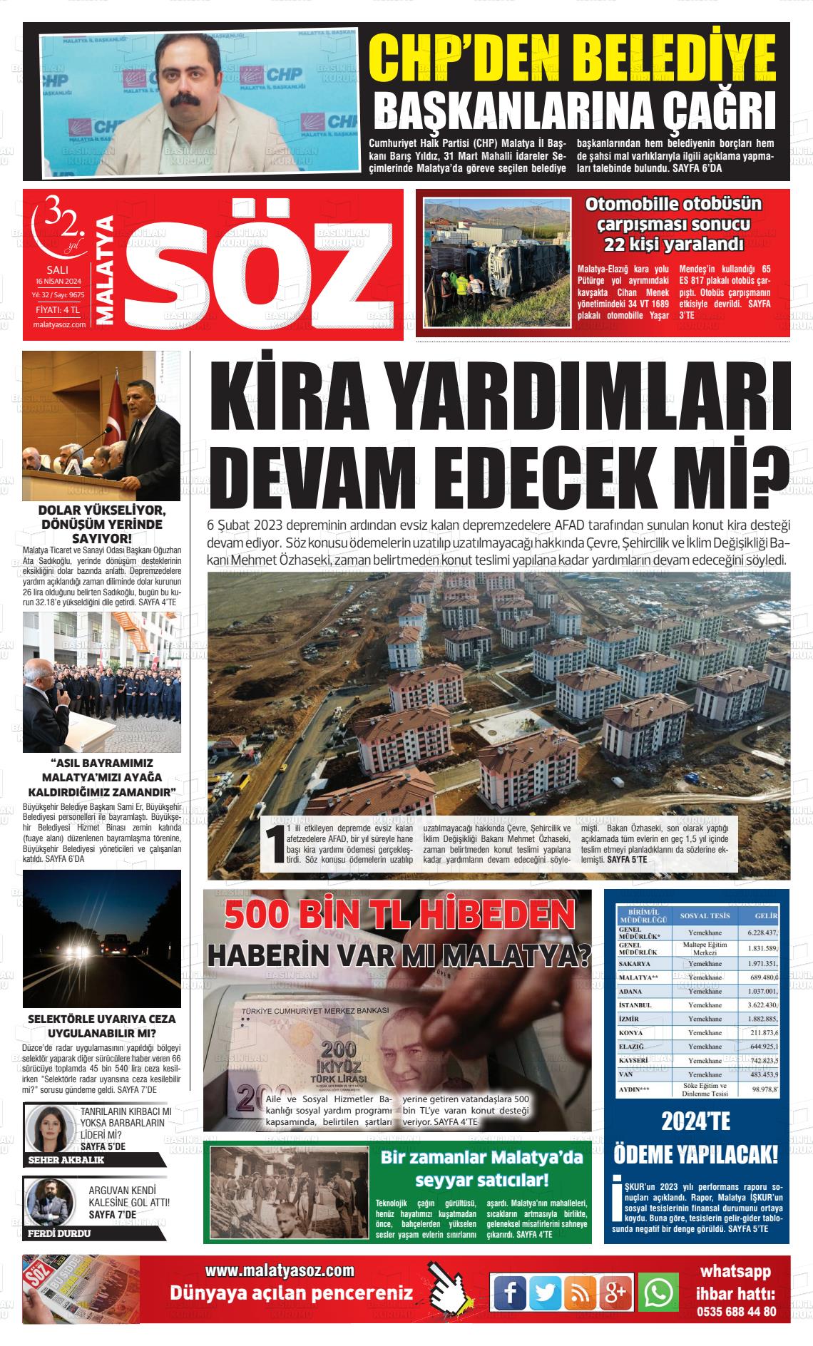 19 Nisan 2024 Malatya Söz Gazete Manşeti