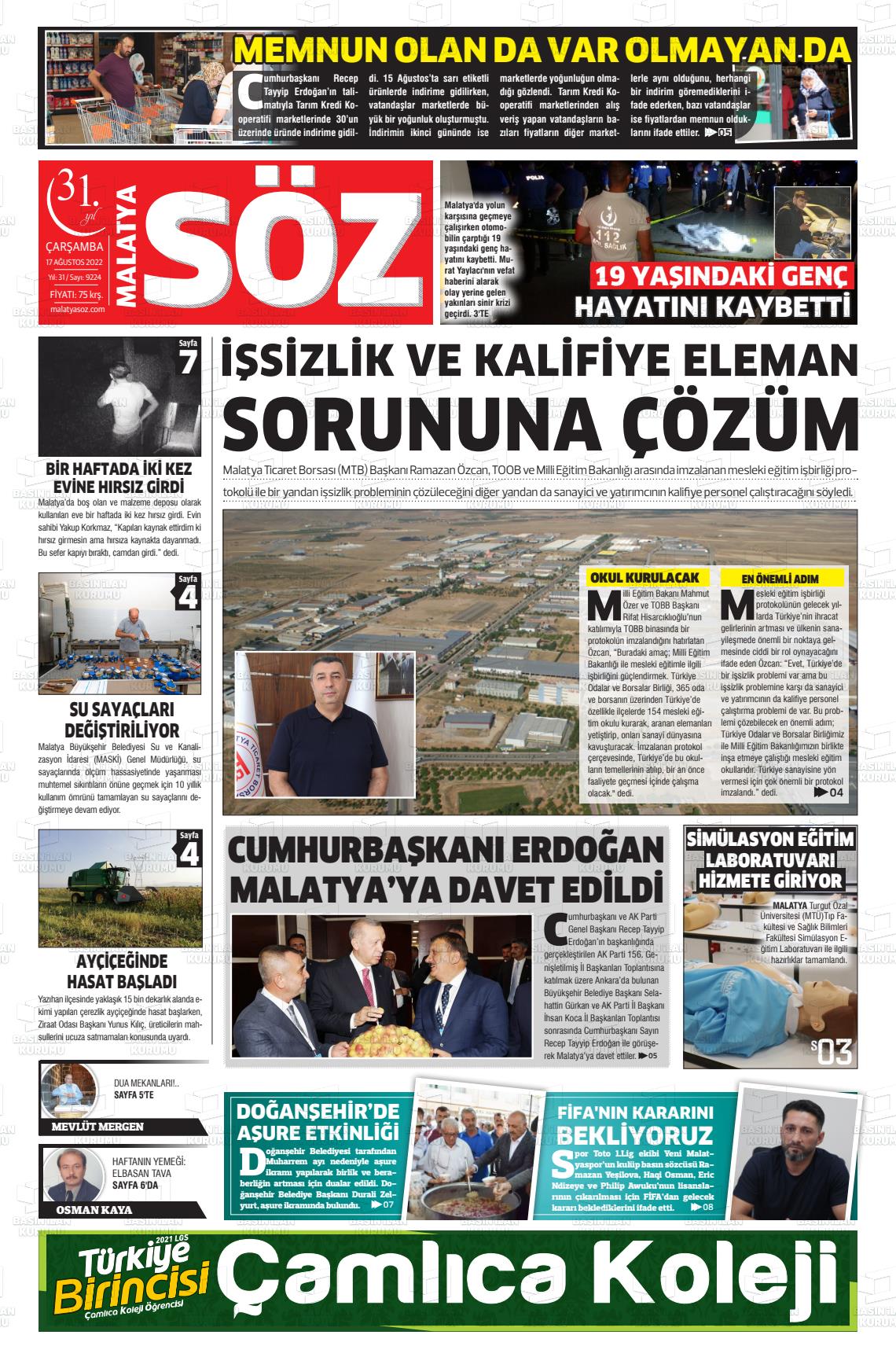 17 Ağustos 2022 Malatya Söz Gazete Manşeti