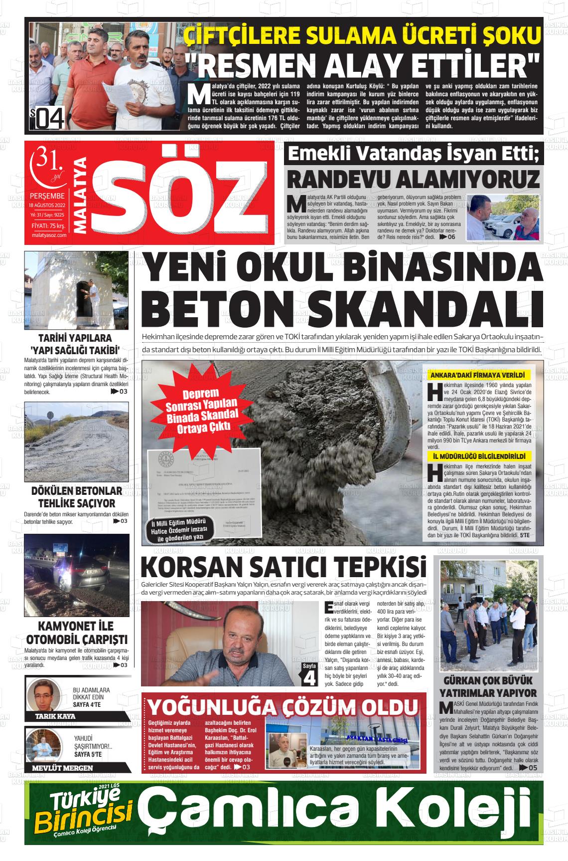 18 Ağustos 2022 Malatya Söz Gazete Manşeti