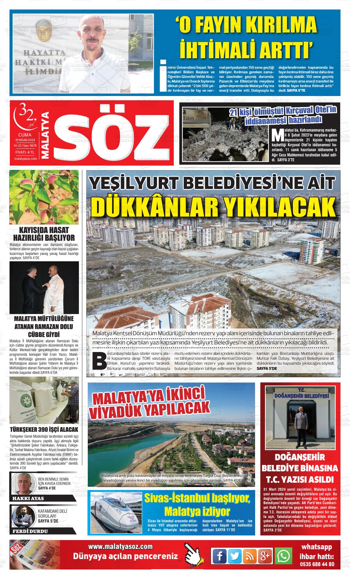 19 Nisan 2024 Malatya Söz Gazete Manşeti