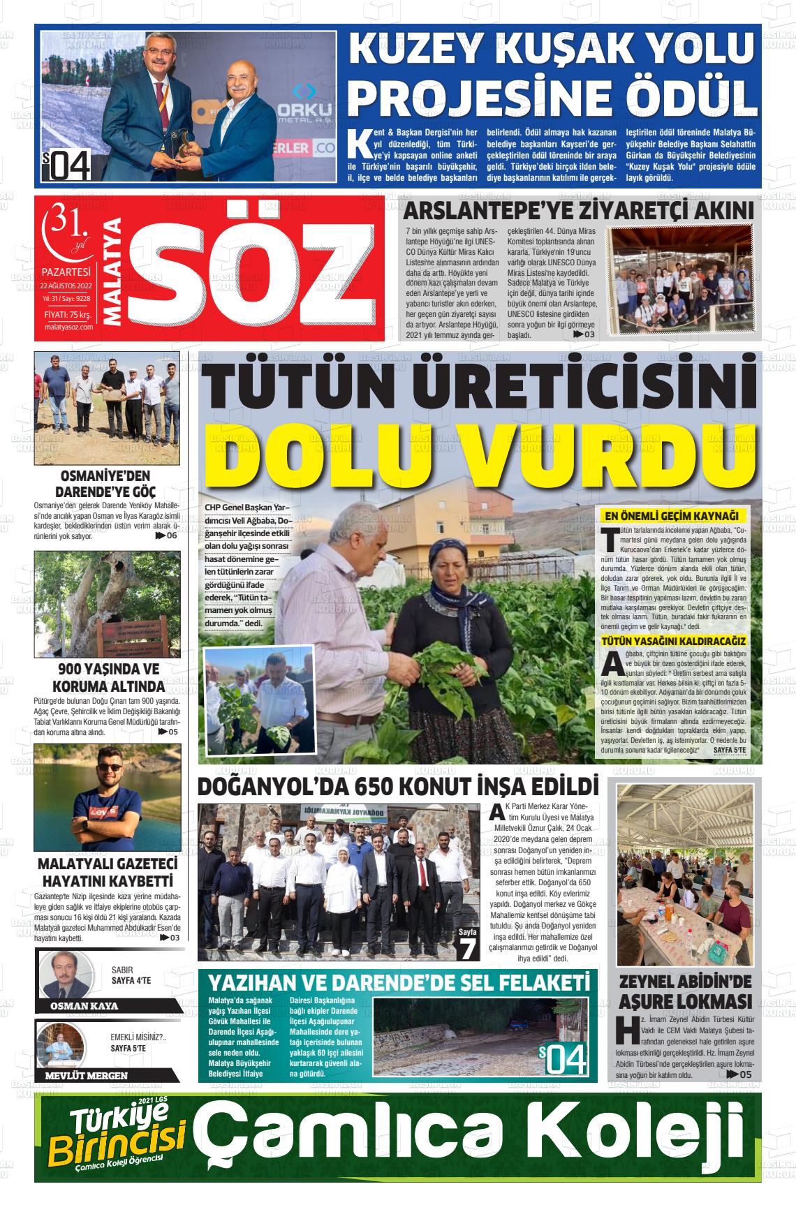 22 Ağustos 2022 Malatya Söz Gazete Manşeti