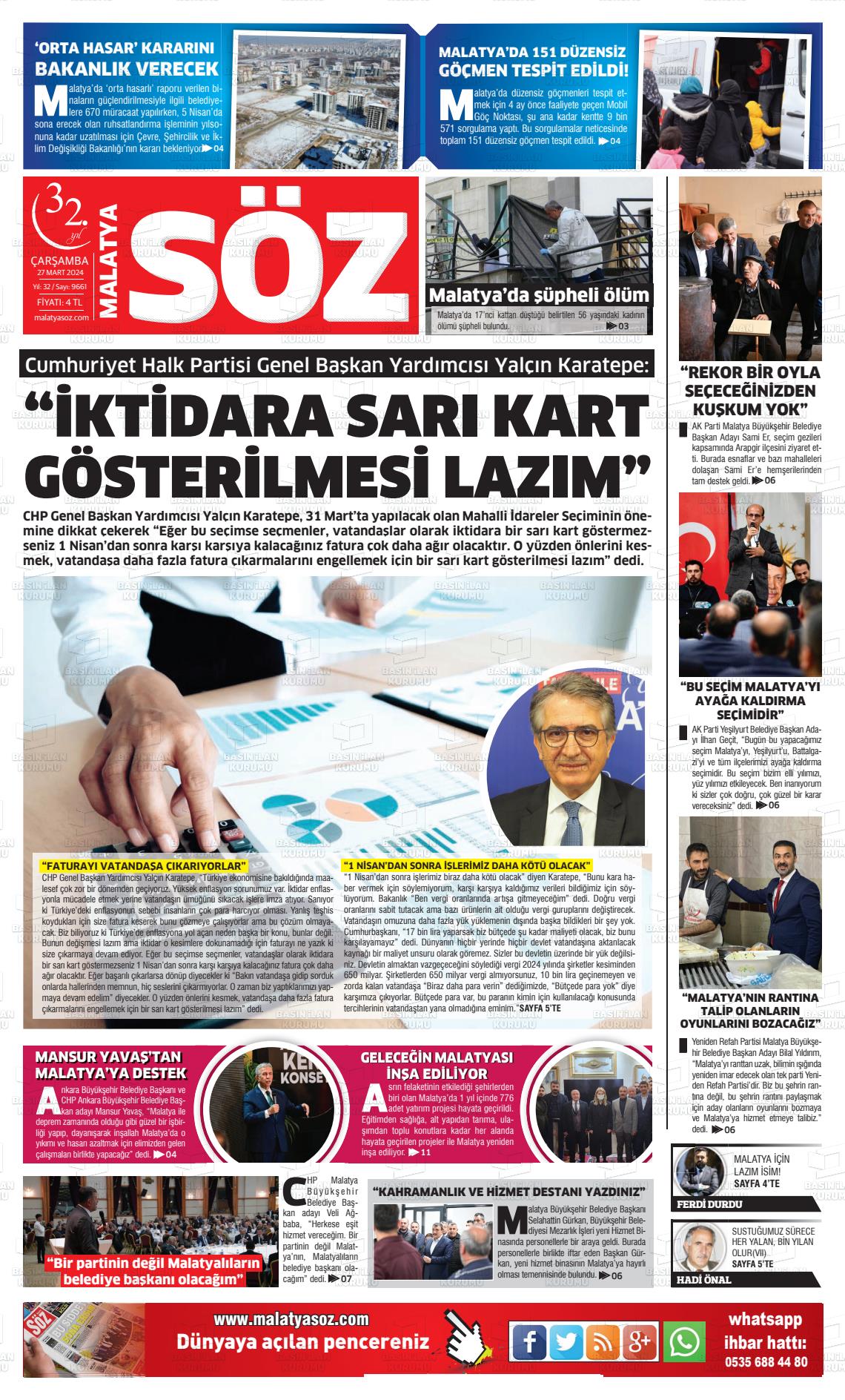 27 Mart 2024 Malatya Söz Gazete Manşeti