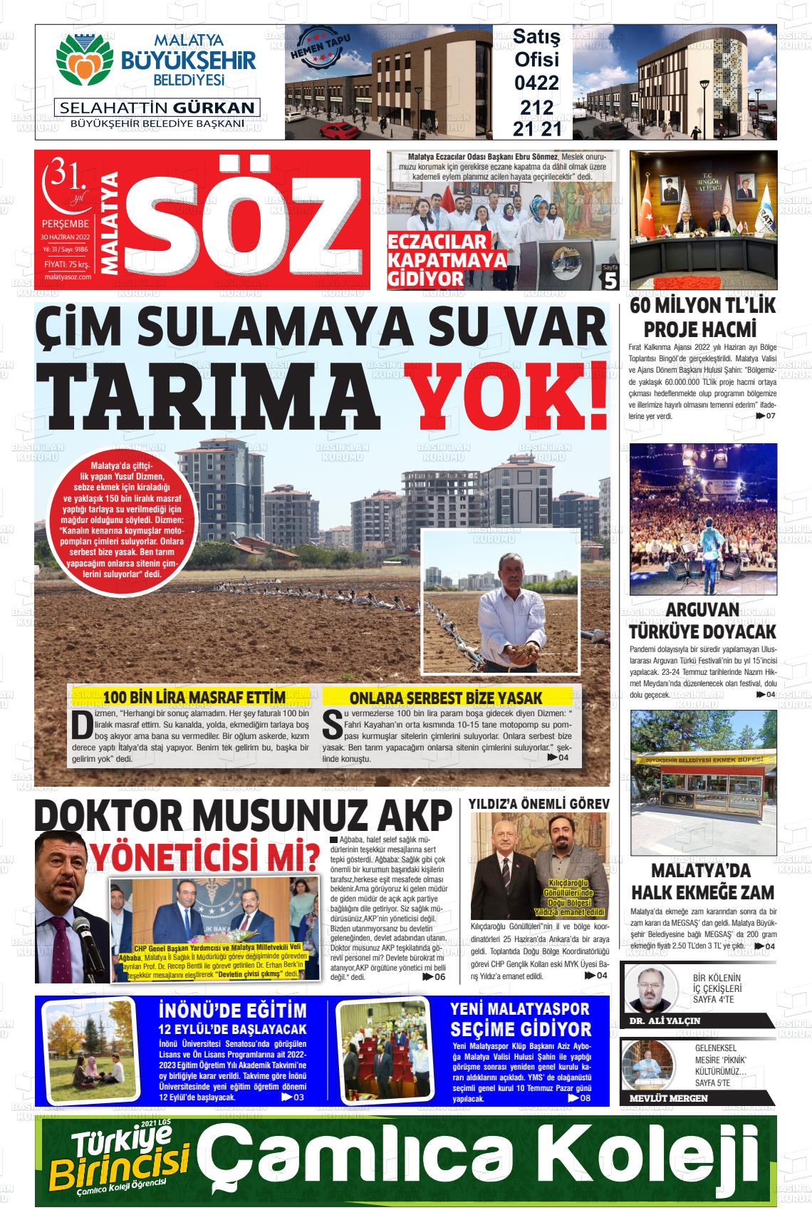 01 Temmuz 2022 Malatya Söz Gazete Manşeti