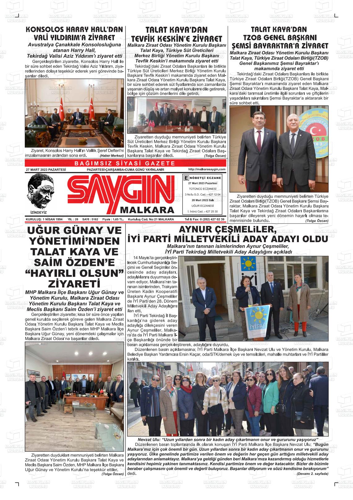 27 Mart 2023 Saygın Malkara Gazete Manşeti