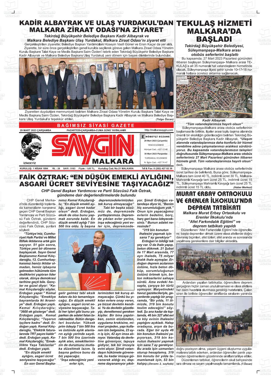 29 Mart 2023 Saygın Malkara Gazete Manşeti