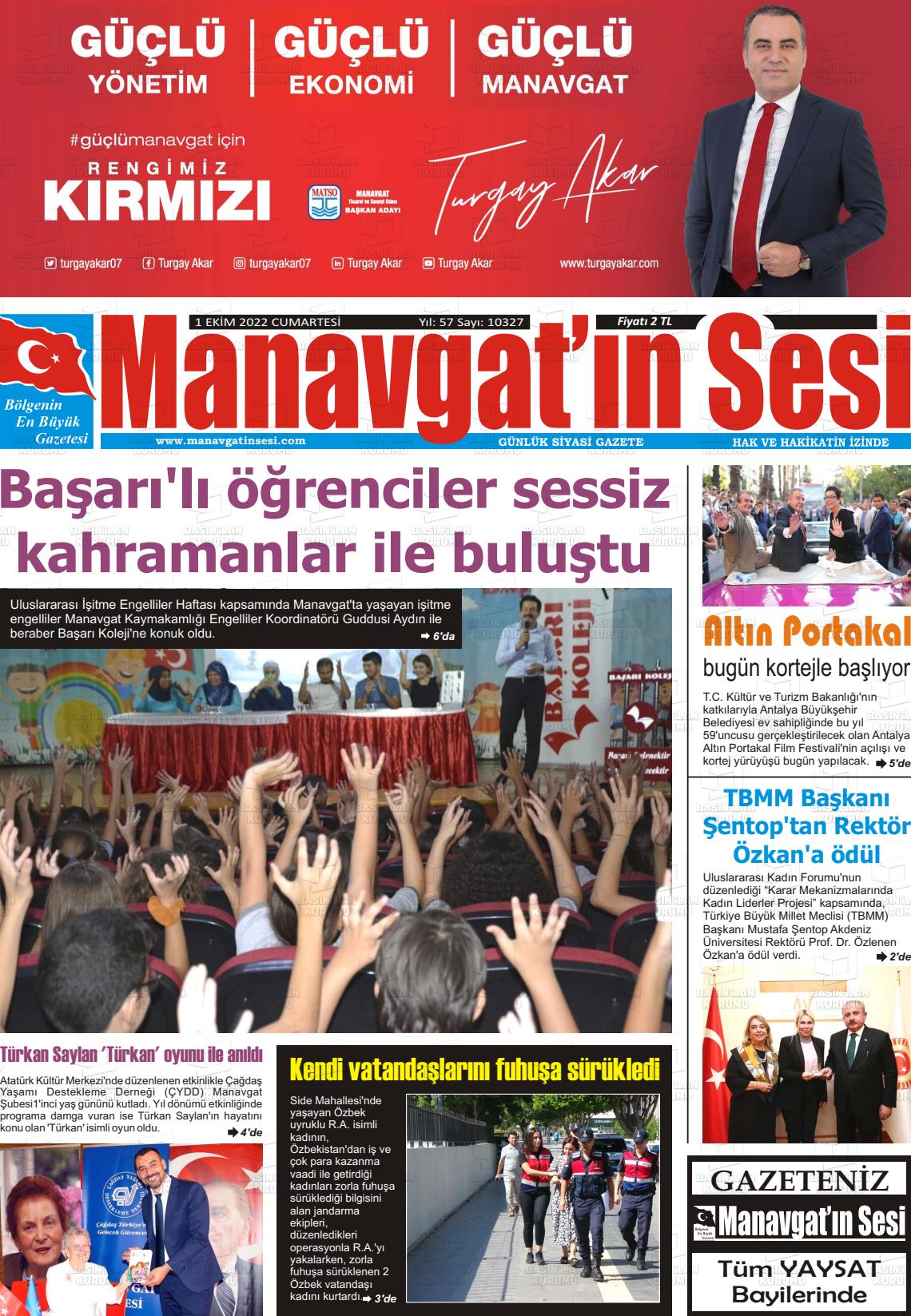 01 Ekim 2022 Manavgat'ın Sesi Gazete Manşeti