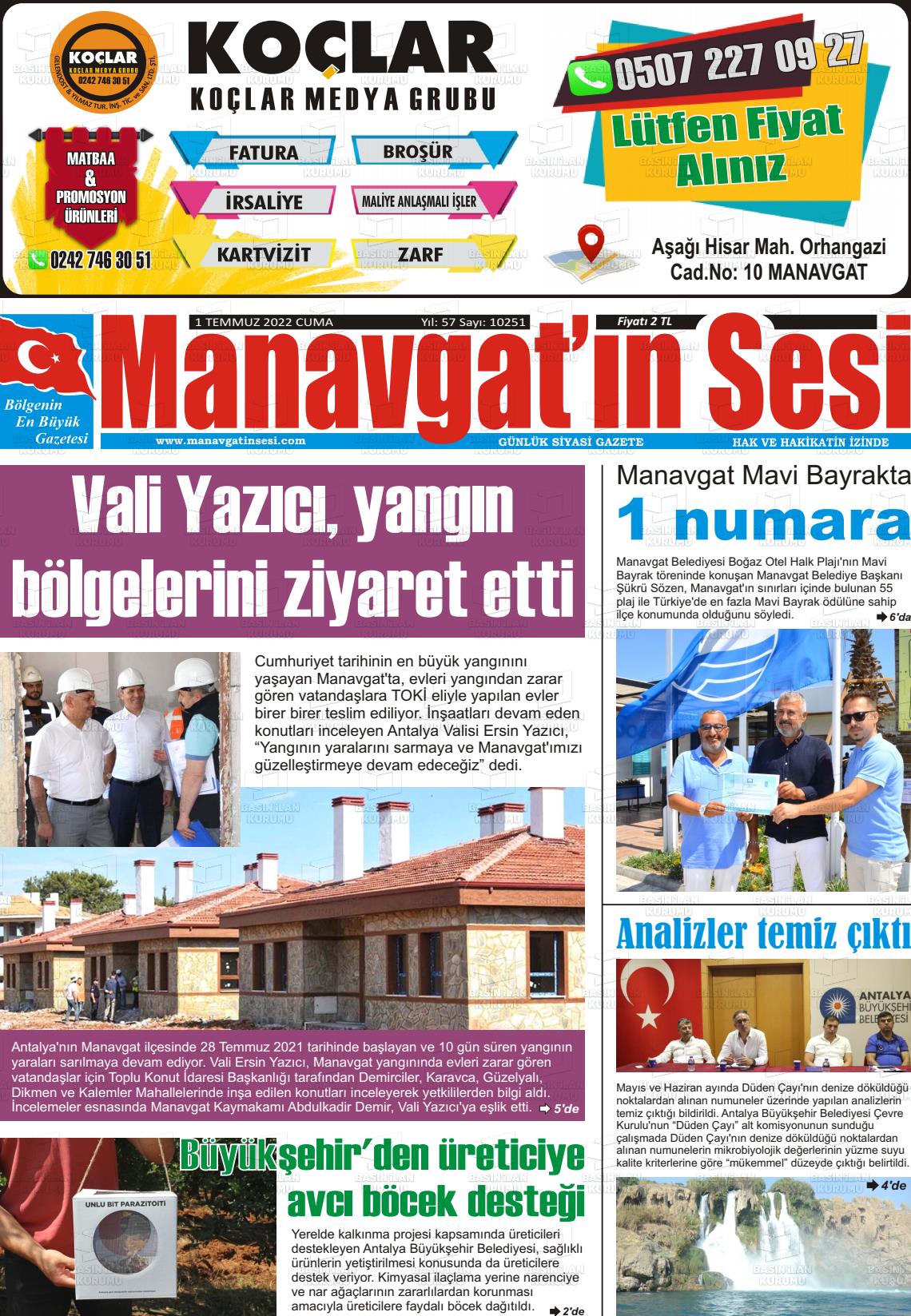01 Temmuz 2022 Manavgat'ın Sesi Gazete Manşeti