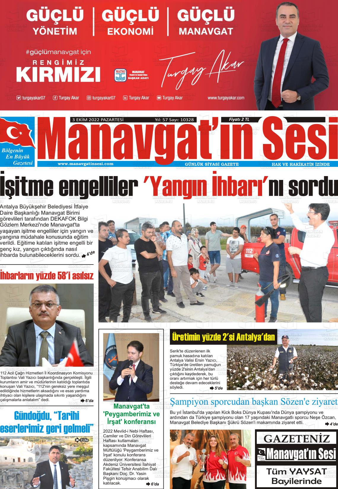 03 Ekim 2022 Manavgat'ın Sesi Gazete Manşeti