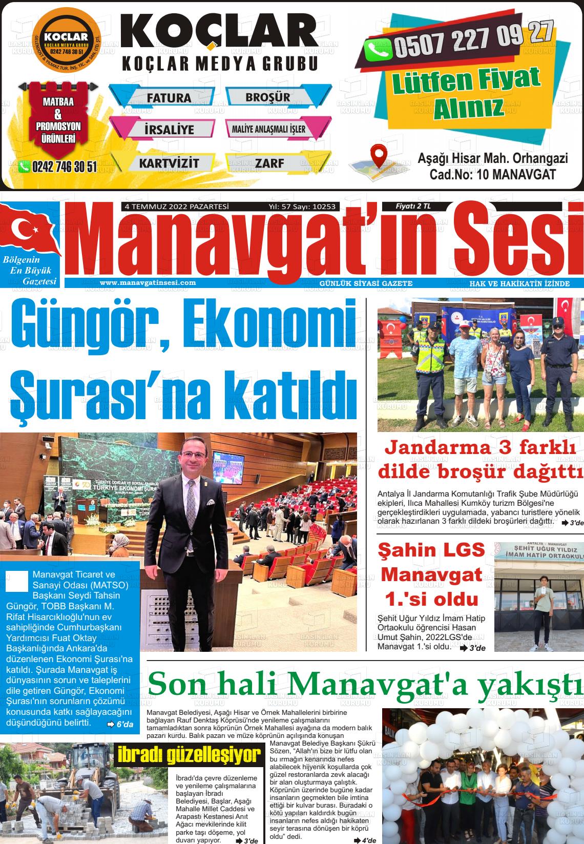 04 Temmuz 2022 Manavgat'ın Sesi Gazete Manşeti