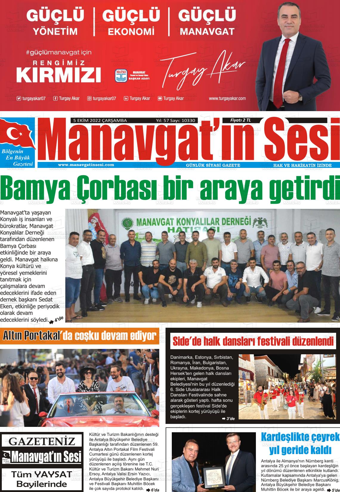 05 Ekim 2022 Manavgat'ın Sesi Gazete Manşeti