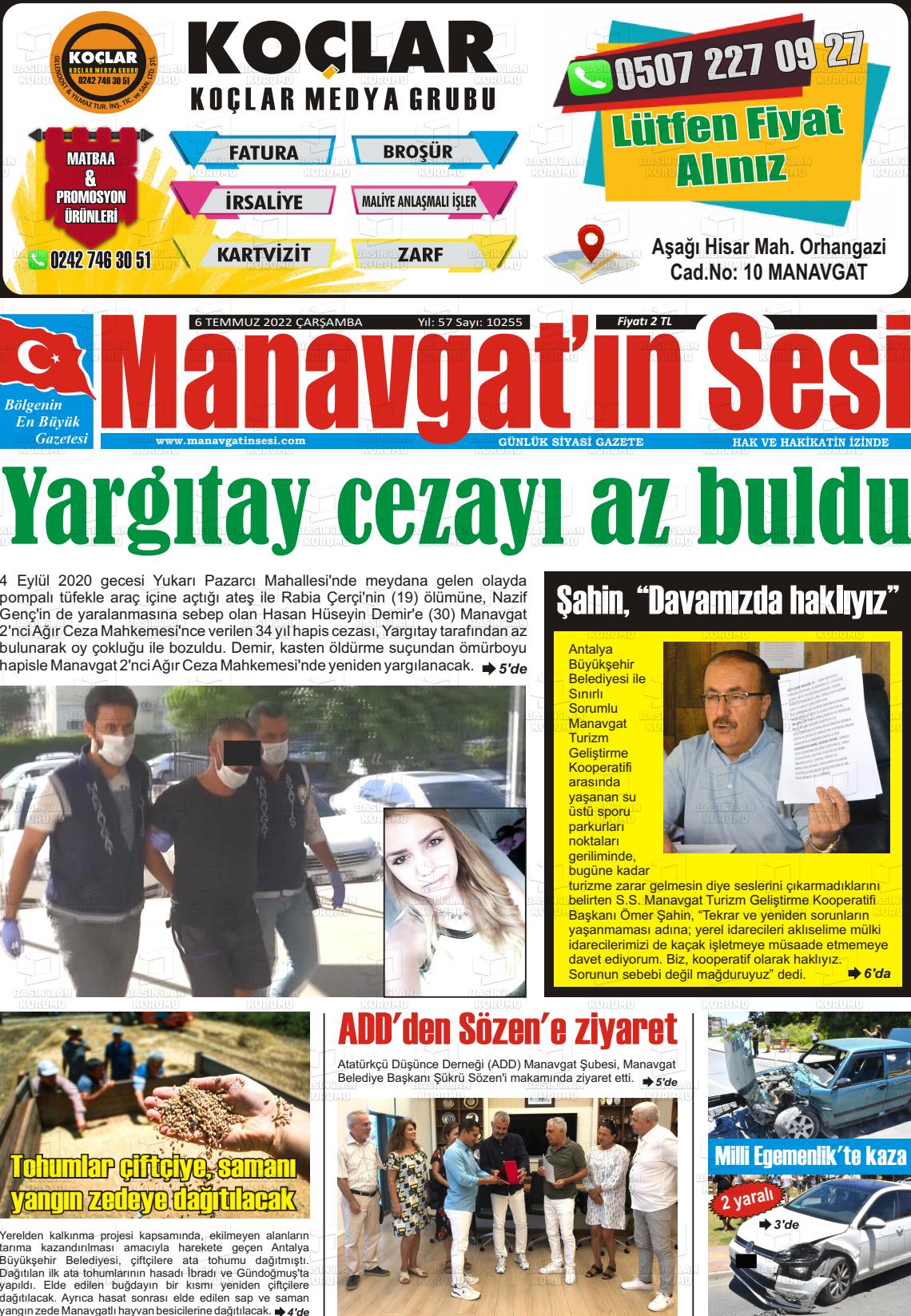 06 Temmuz 2022 Manavgat'ın Sesi Gazete Manşeti