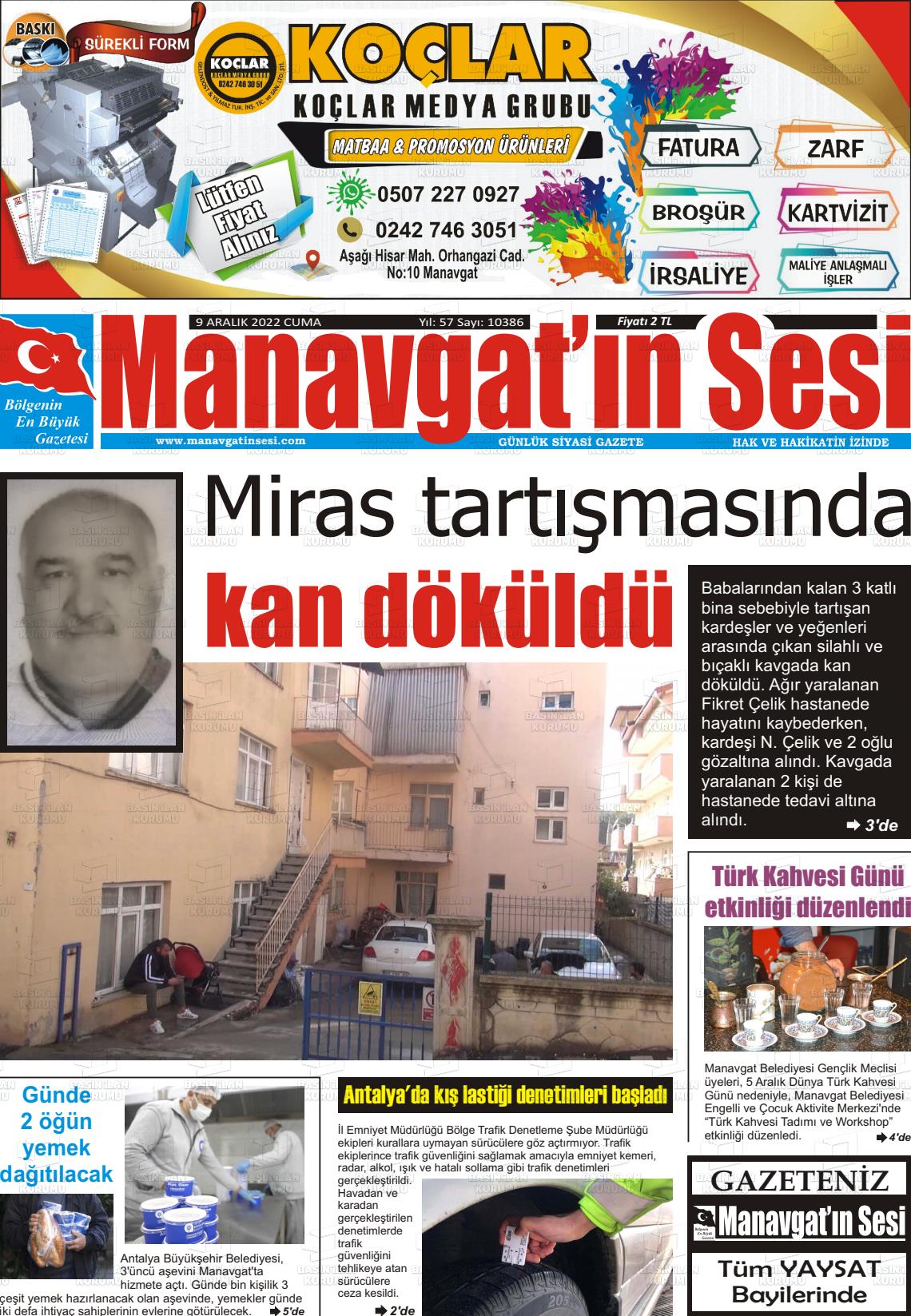 09 Aralık 2022 Manavgat'ın Sesi Gazete Manşeti