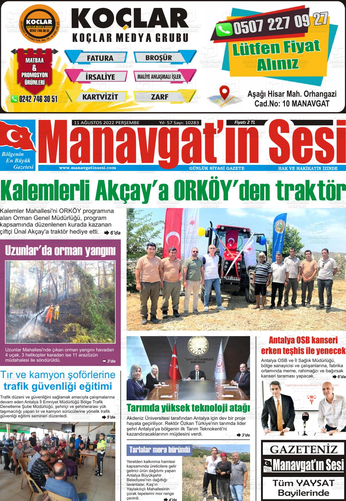 11 Ağustos 2022 Manavgat'ın Sesi Gazete Manşeti