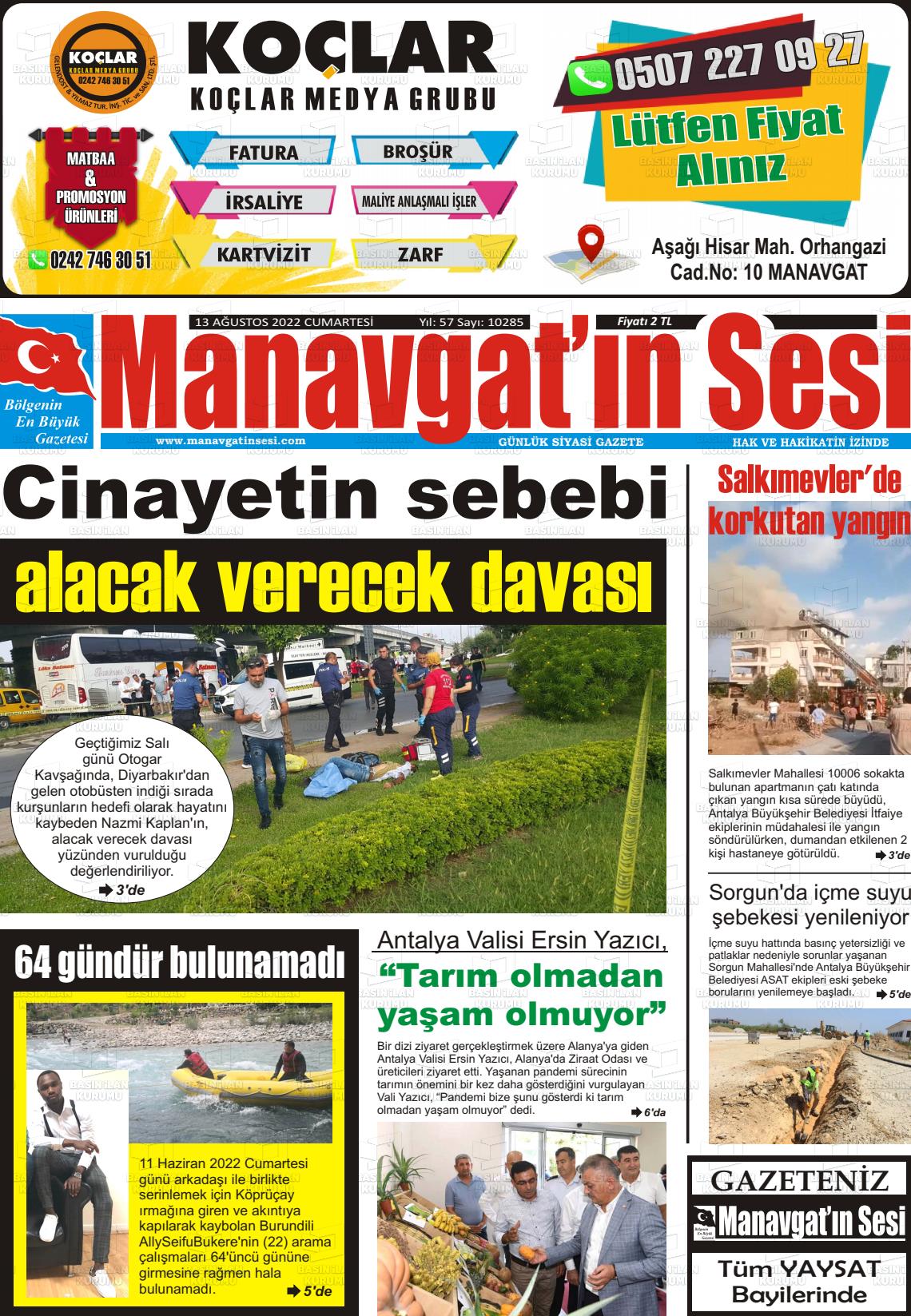 13 Ağustos 2022 Manavgat'ın Sesi Gazete Manşeti