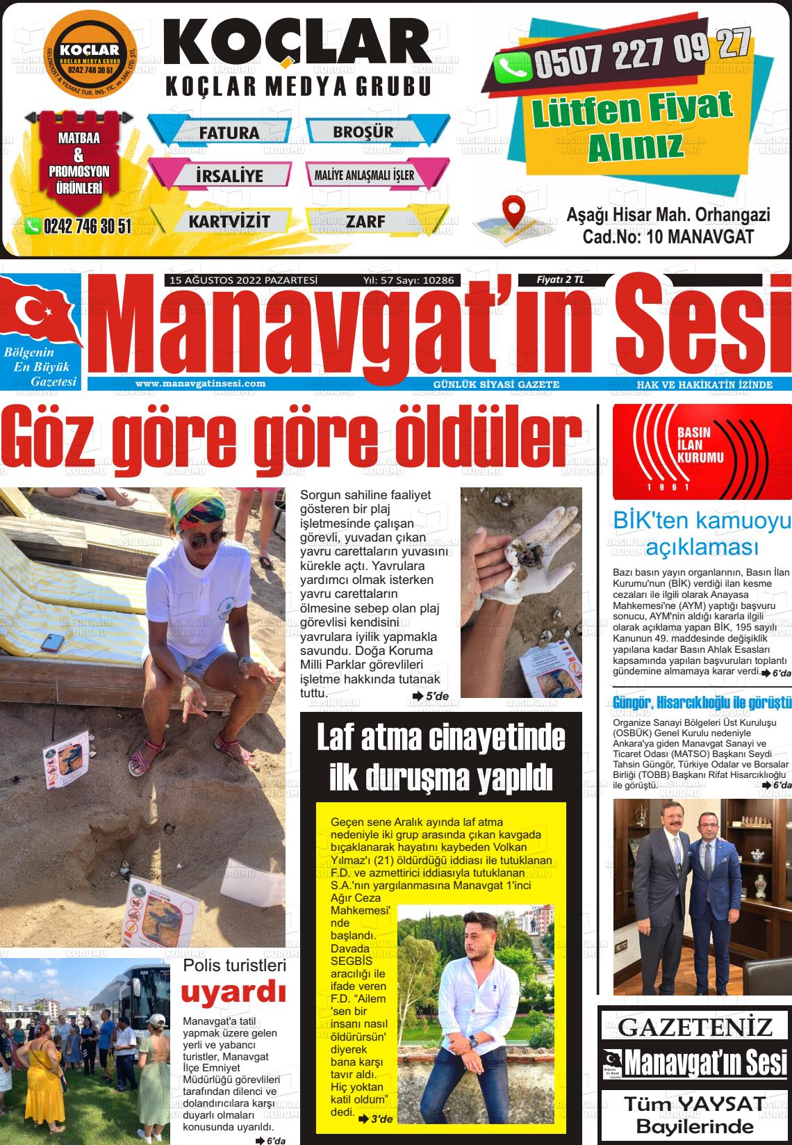 15 Ağustos 2022 Manavgat'ın Sesi Gazete Manşeti