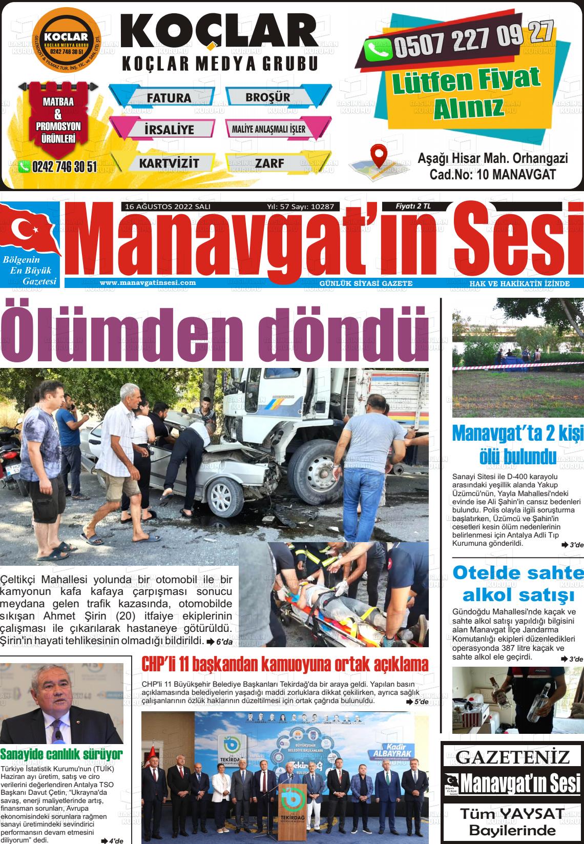 16 Ağustos 2022 Manavgat'ın Sesi Gazete Manşeti