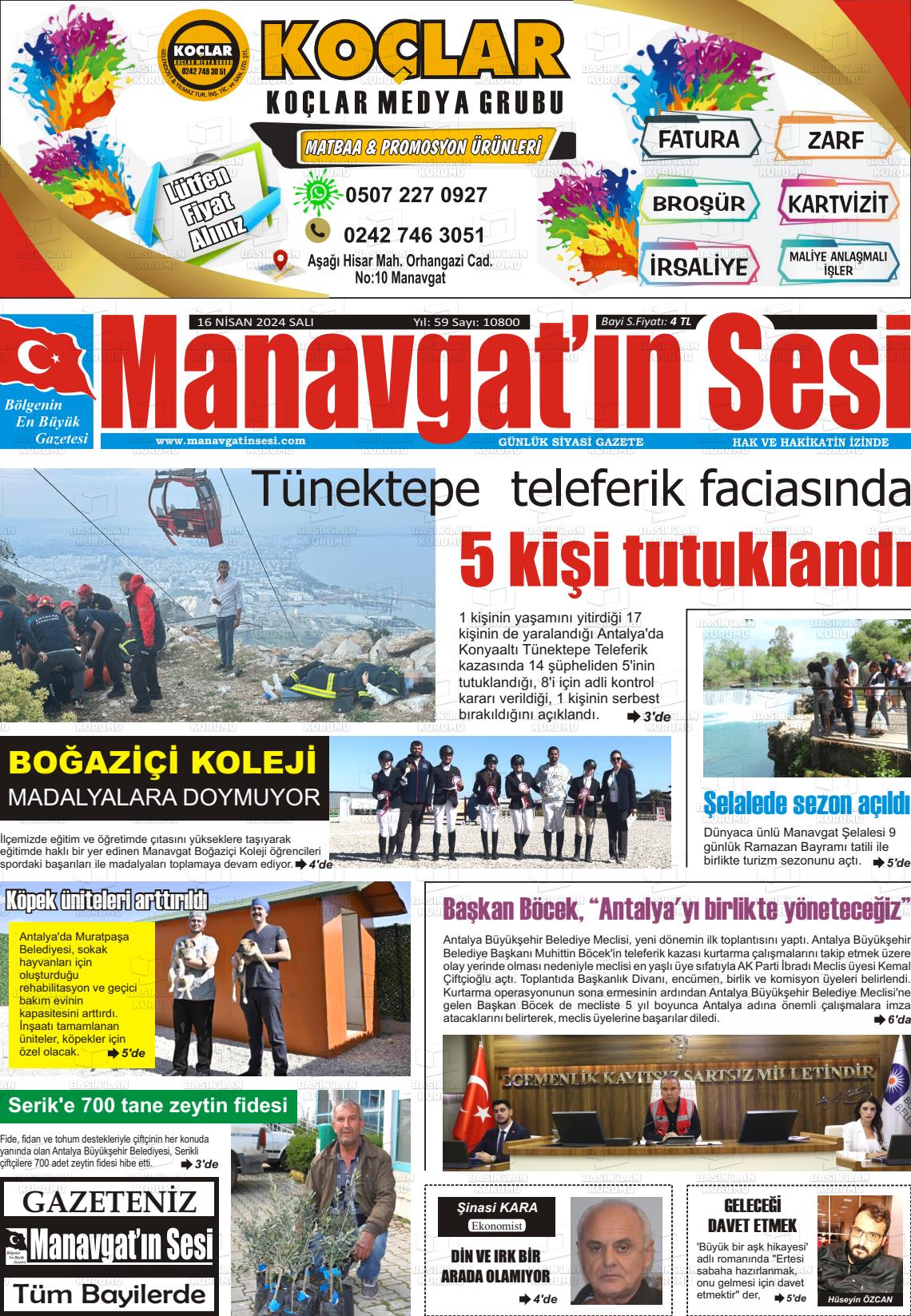 17 Nisan 2024 Manavgat'ın Sesi Gazete Manşeti