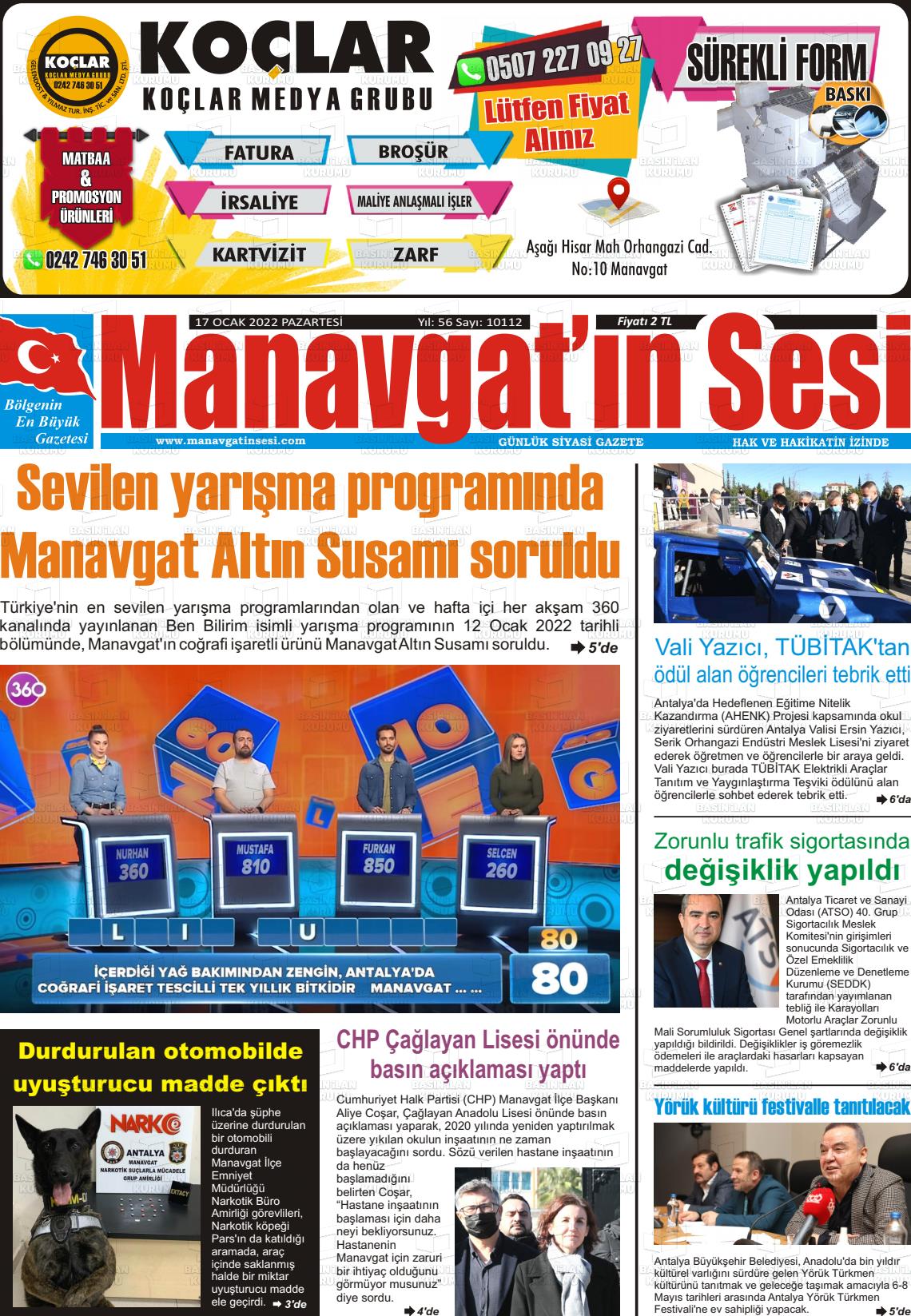 17 Ocak 2022 Manavgat'ın Sesi Gazete Manşeti