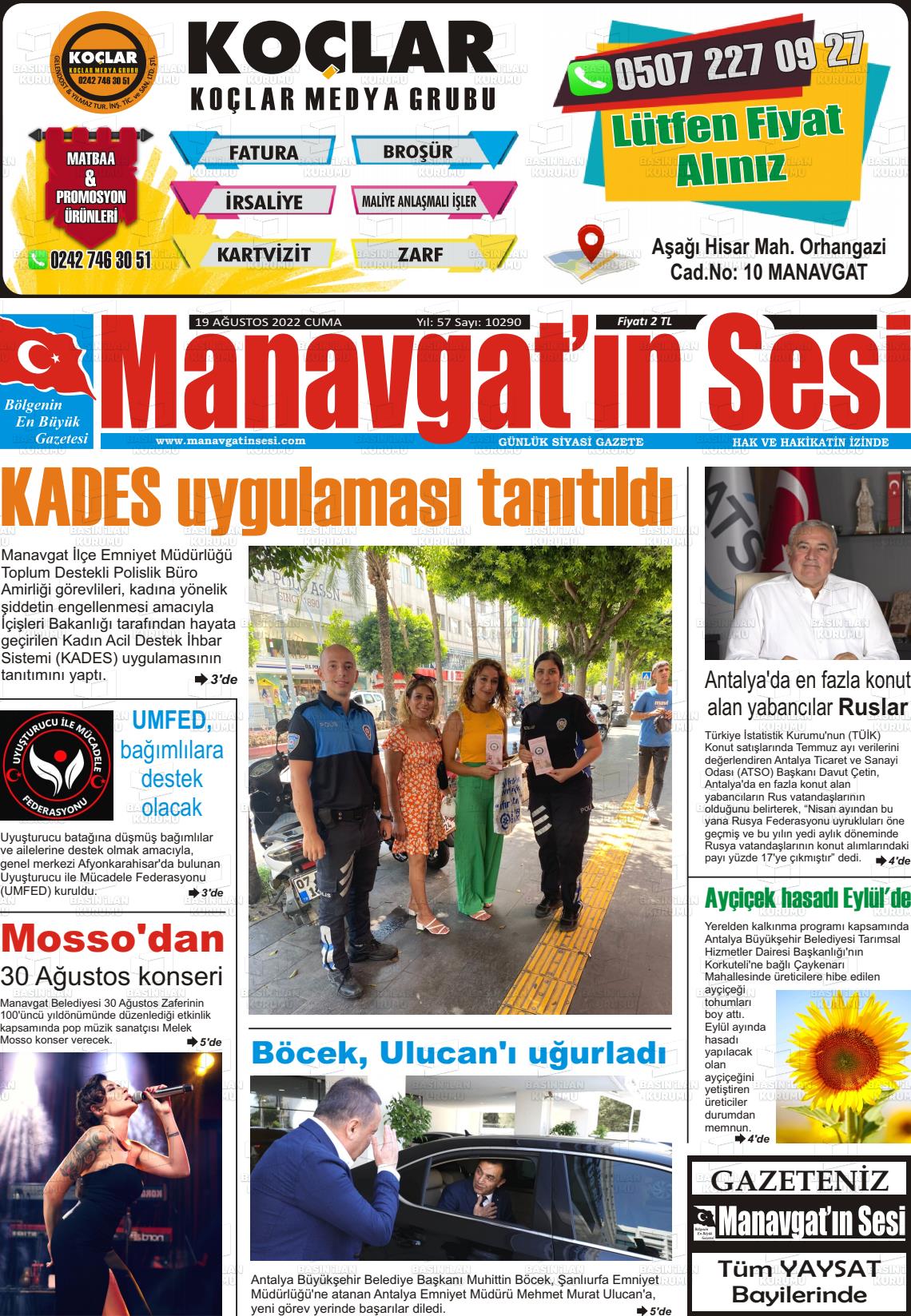 19 Ağustos 2022 Manavgat'ın Sesi Gazete Manşeti