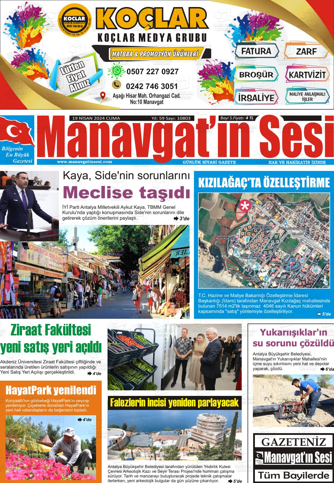 19 Nisan 2024 Manavgat'ın Sesi Gazete Manşeti