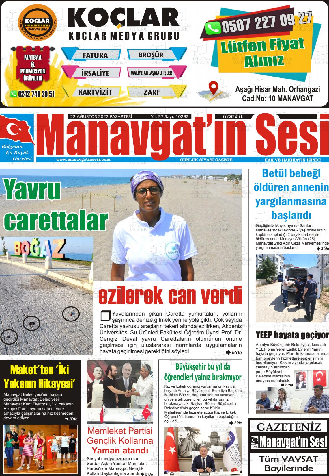 22 Ağustos 2022 Manavgat'ın Sesi Gazete Manşeti