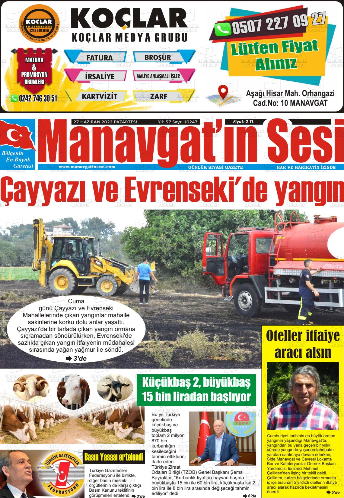 27 Haziran 2022 Manavgat'ın Sesi Gazete Manşeti