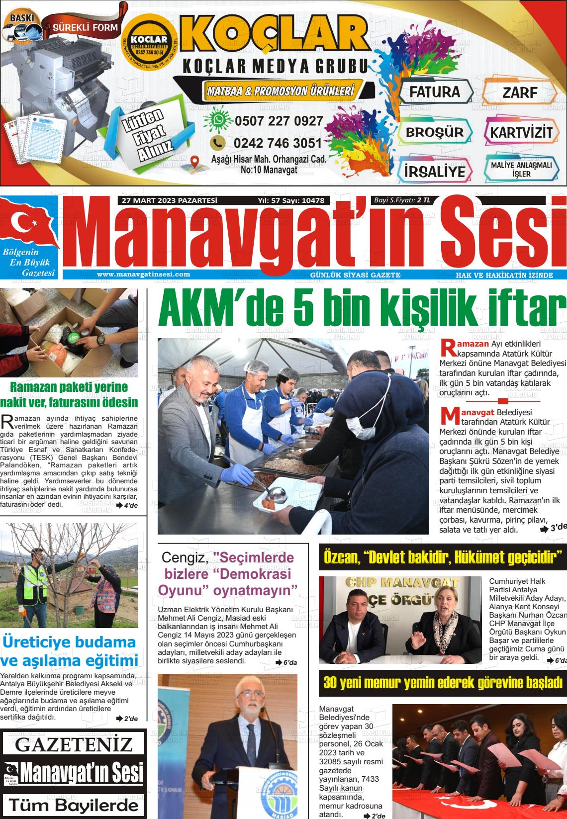 27 Mart 2023 Manavgat'ın Sesi Gazete Manşeti