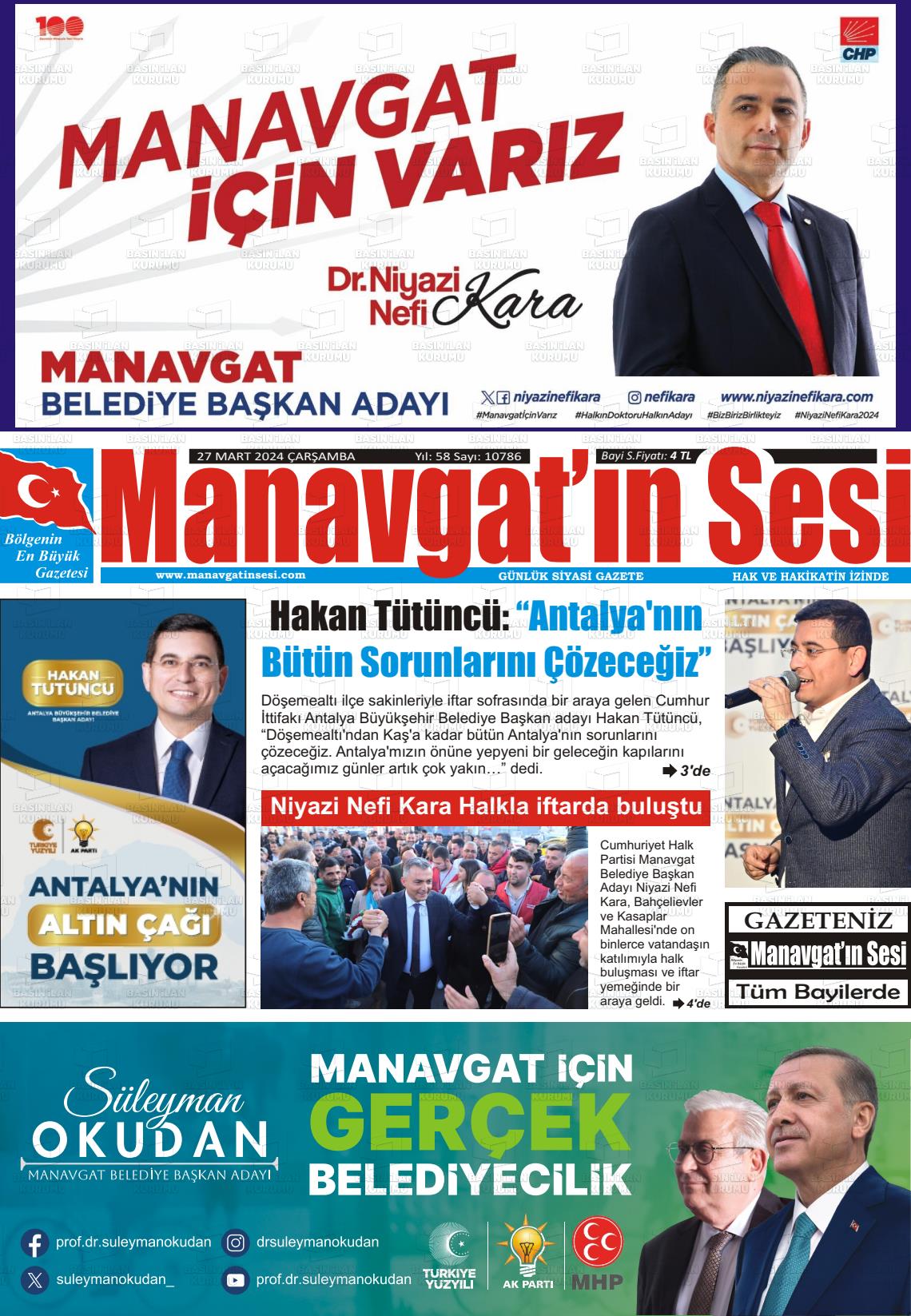 27 Mart 2024 Manavgat'ın Sesi Gazete Manşeti