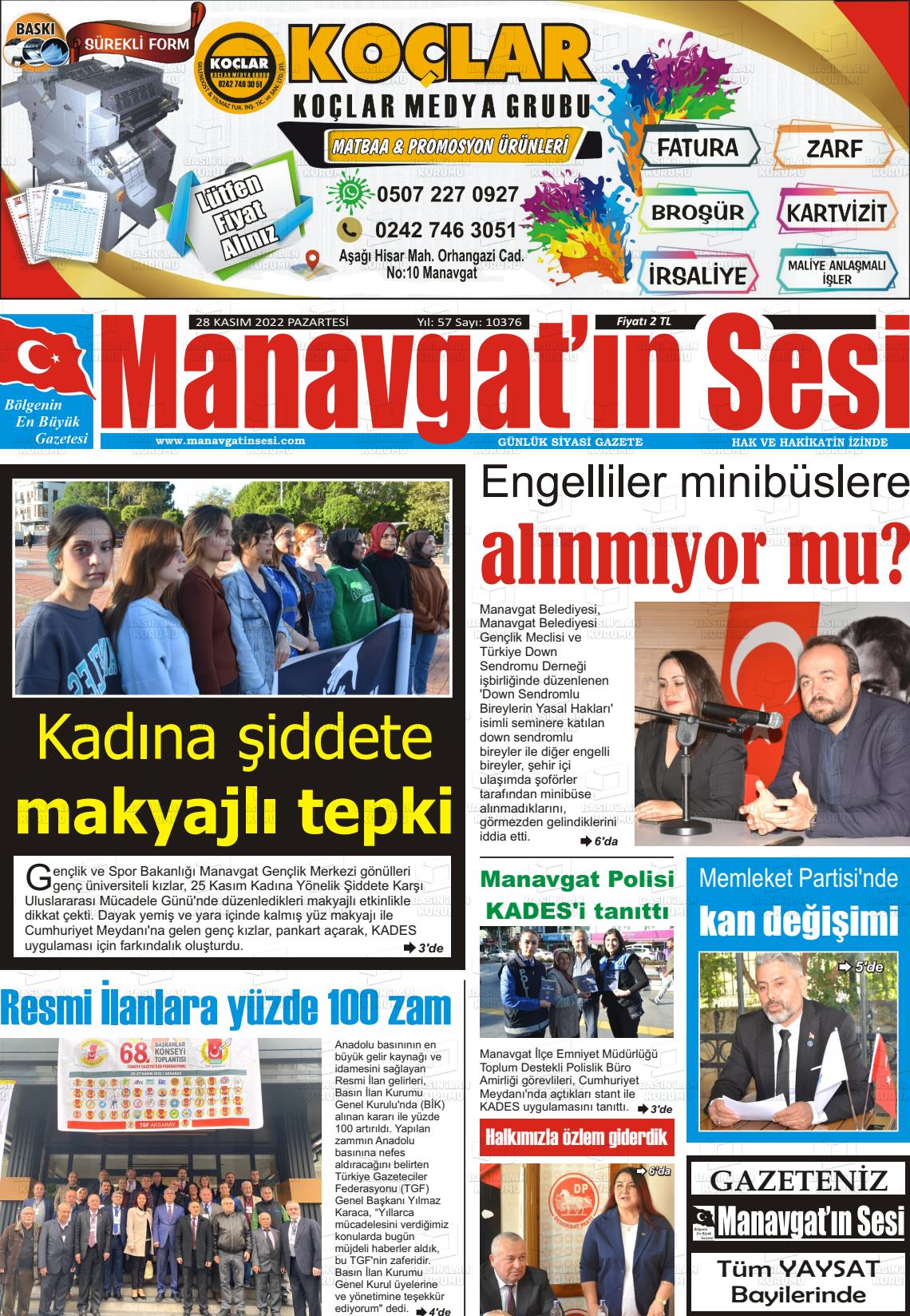 28 Kasım 2022 Manavgat'ın Sesi Gazete Manşeti