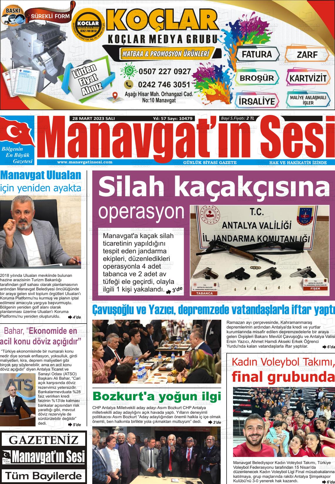 28 Mart 2023 Manavgat'ın Sesi Gazete Manşeti