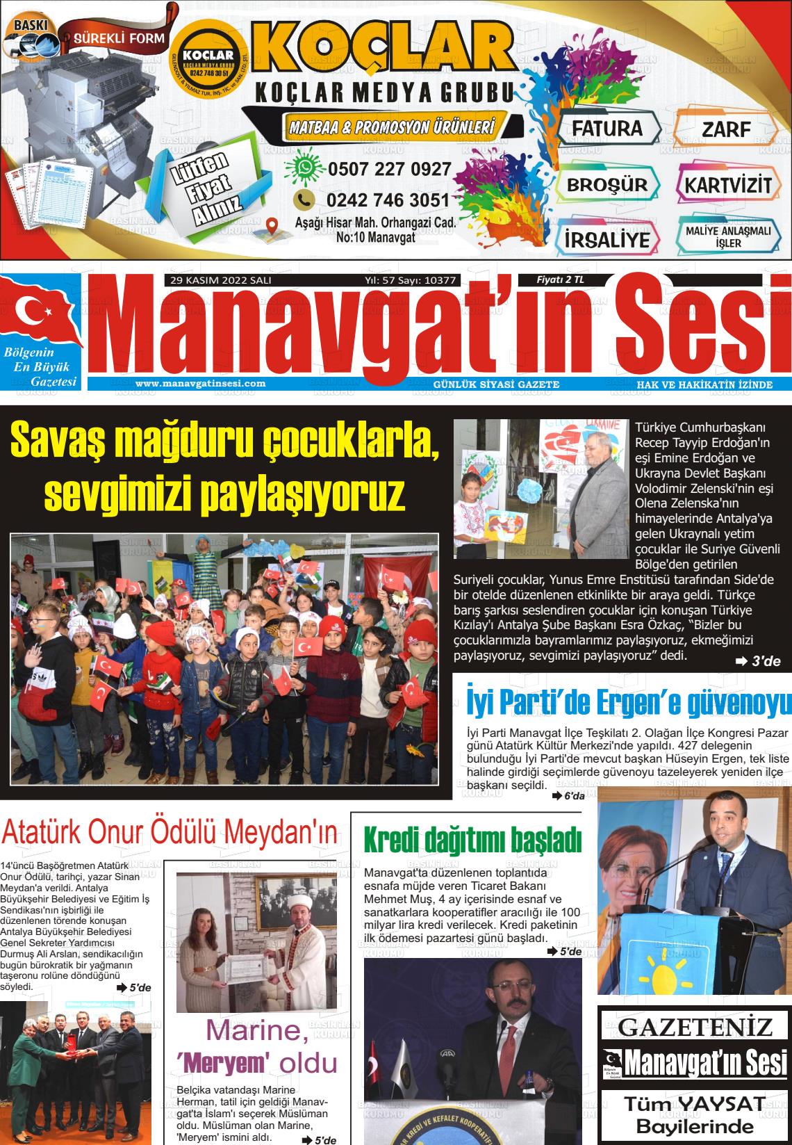 29 Kasım 2022 Manavgat'ın Sesi Gazete Manşeti