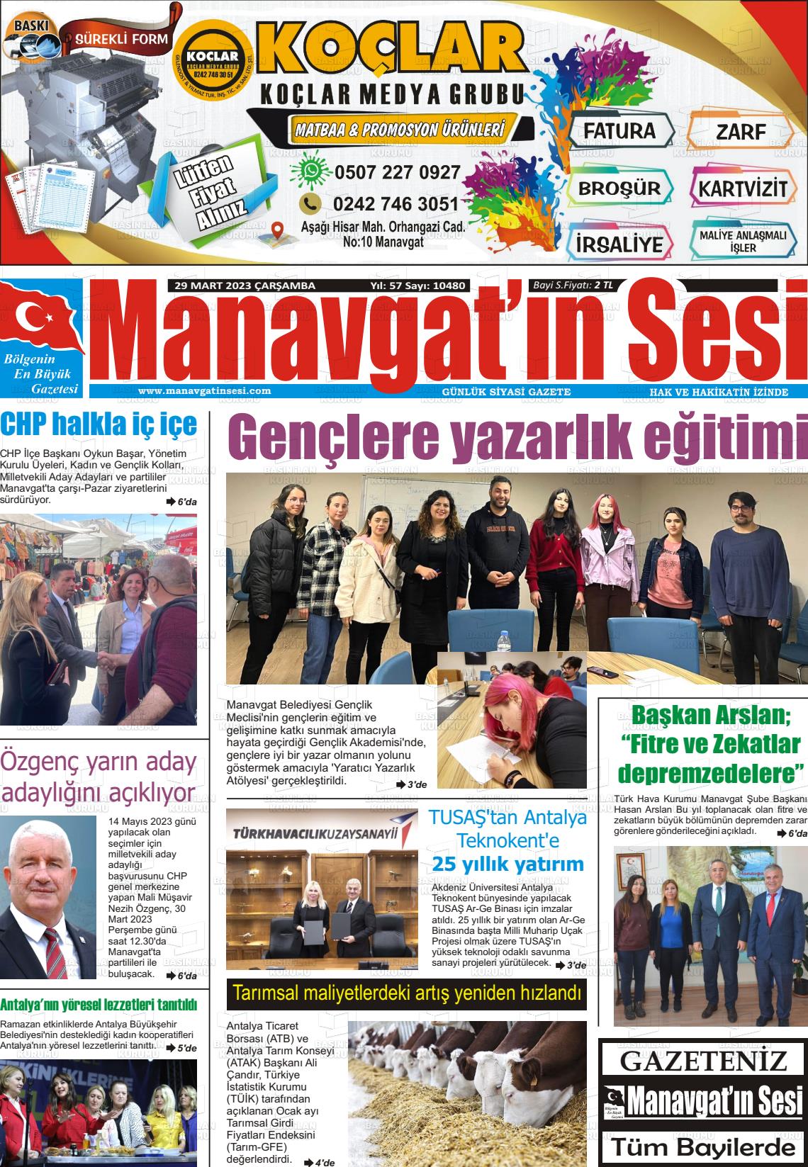 29 Mart 2023 Manavgat'ın Sesi Gazete Manşeti