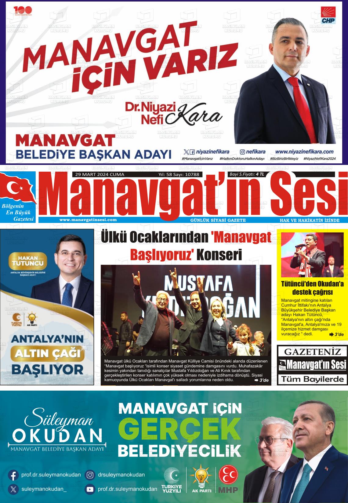 29 Mart 2024 Manavgat'ın Sesi Gazete Manşeti