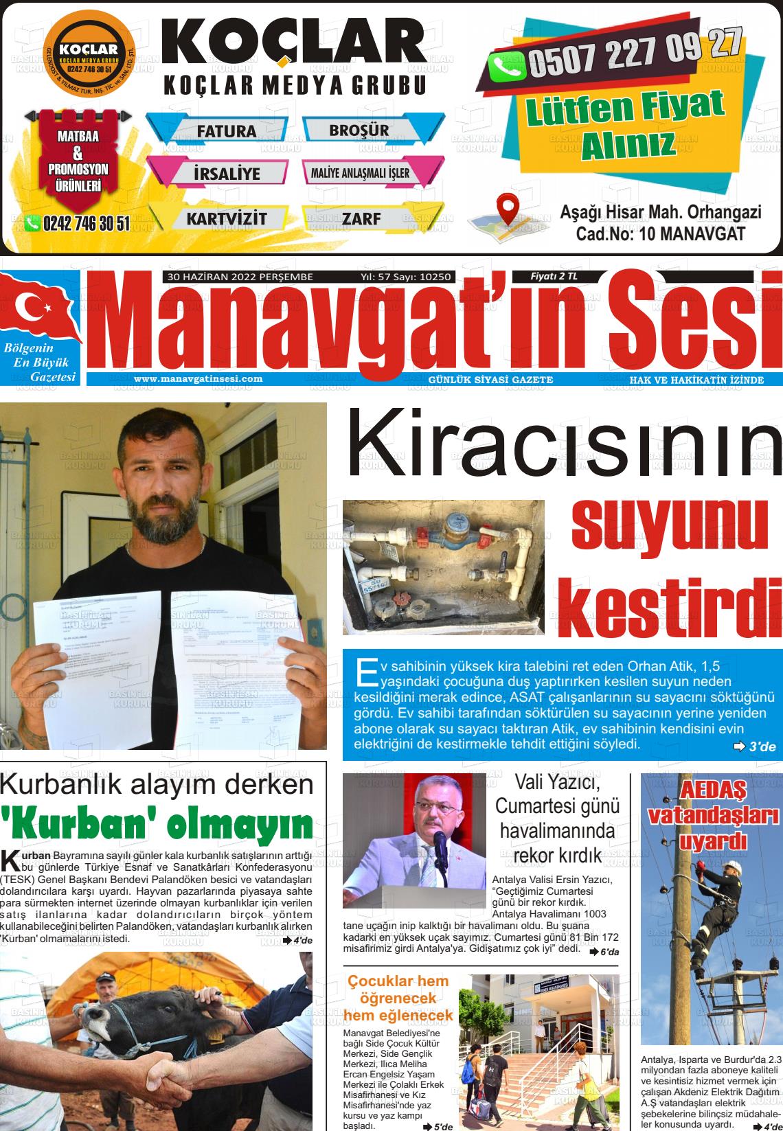 30 Haziran 2022 Manavgat'ın Sesi Gazete Manşeti