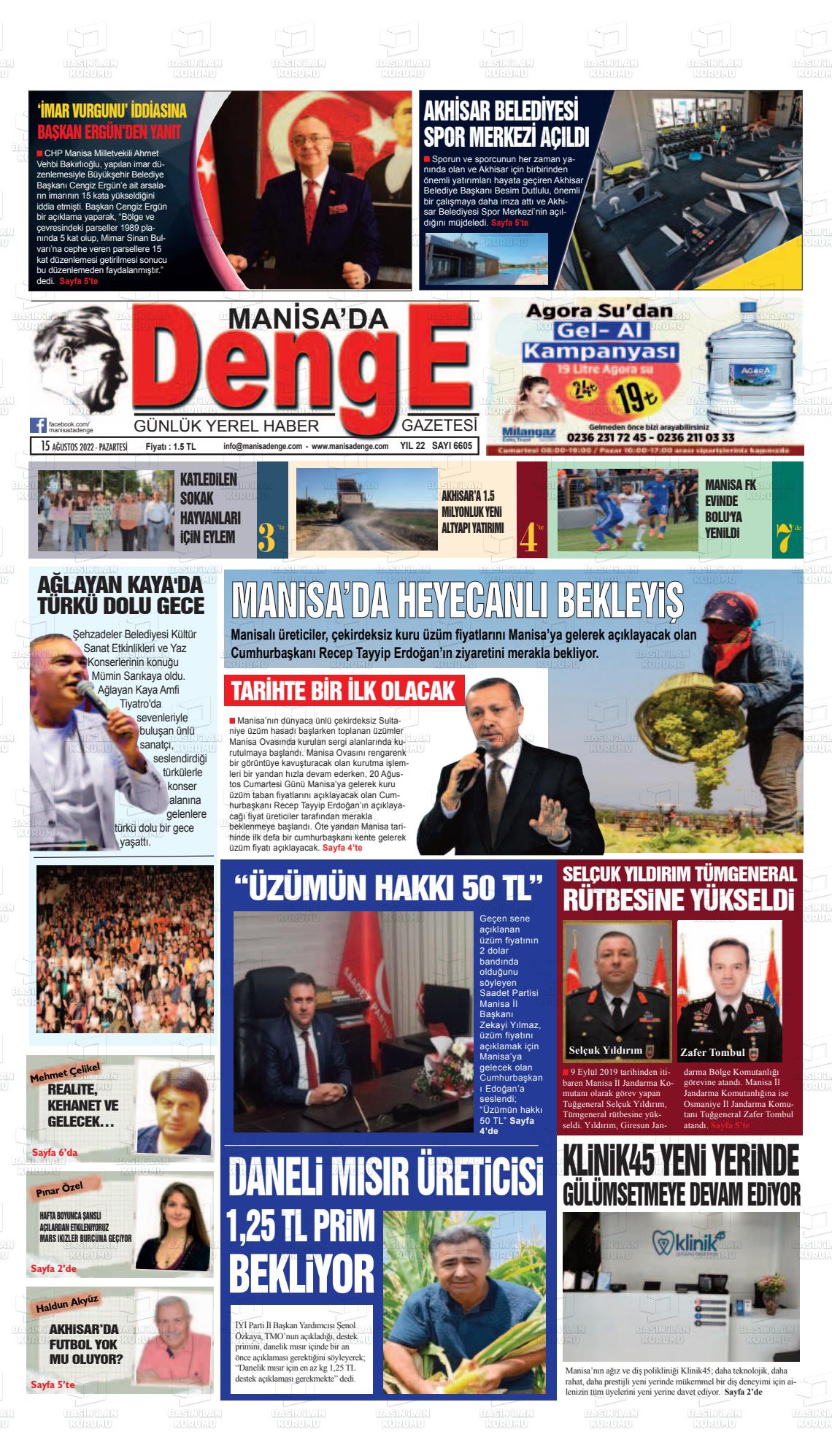 15 Ağustos 2022 Manisada Denge Gazete Manşeti