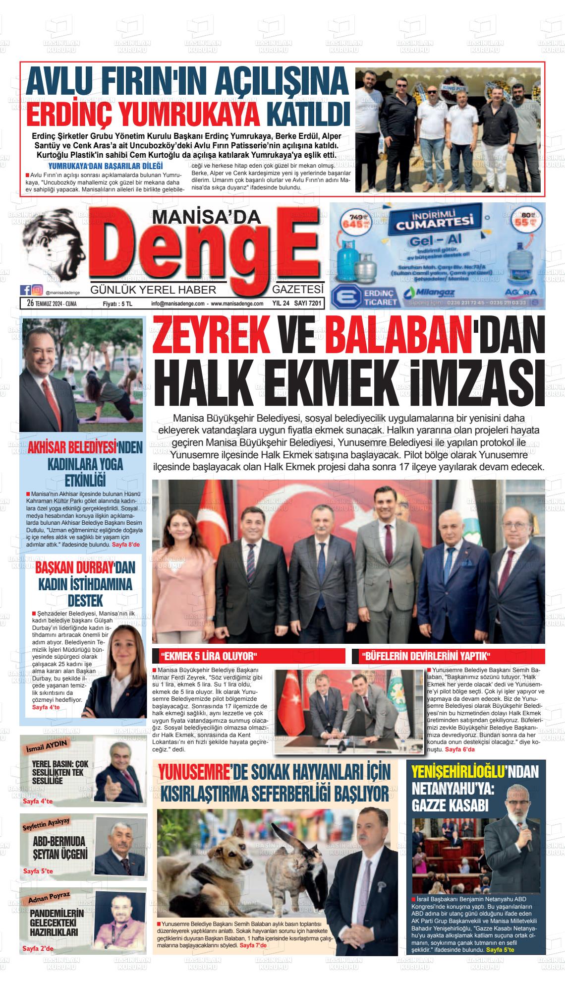 26 Temmuz 2024 Manisada Denge Gazete Manşeti