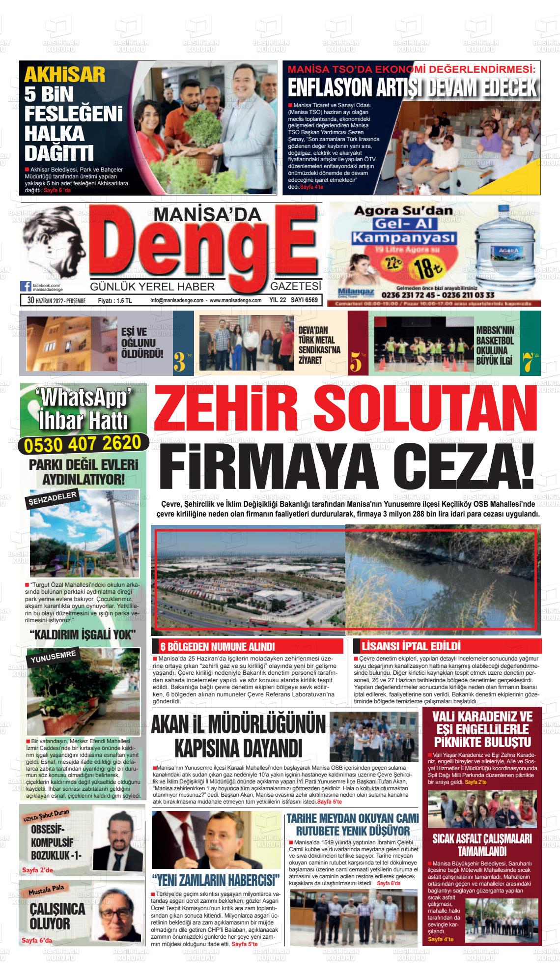 01 Temmuz 2022 Manisada Denge Gazete Manşeti