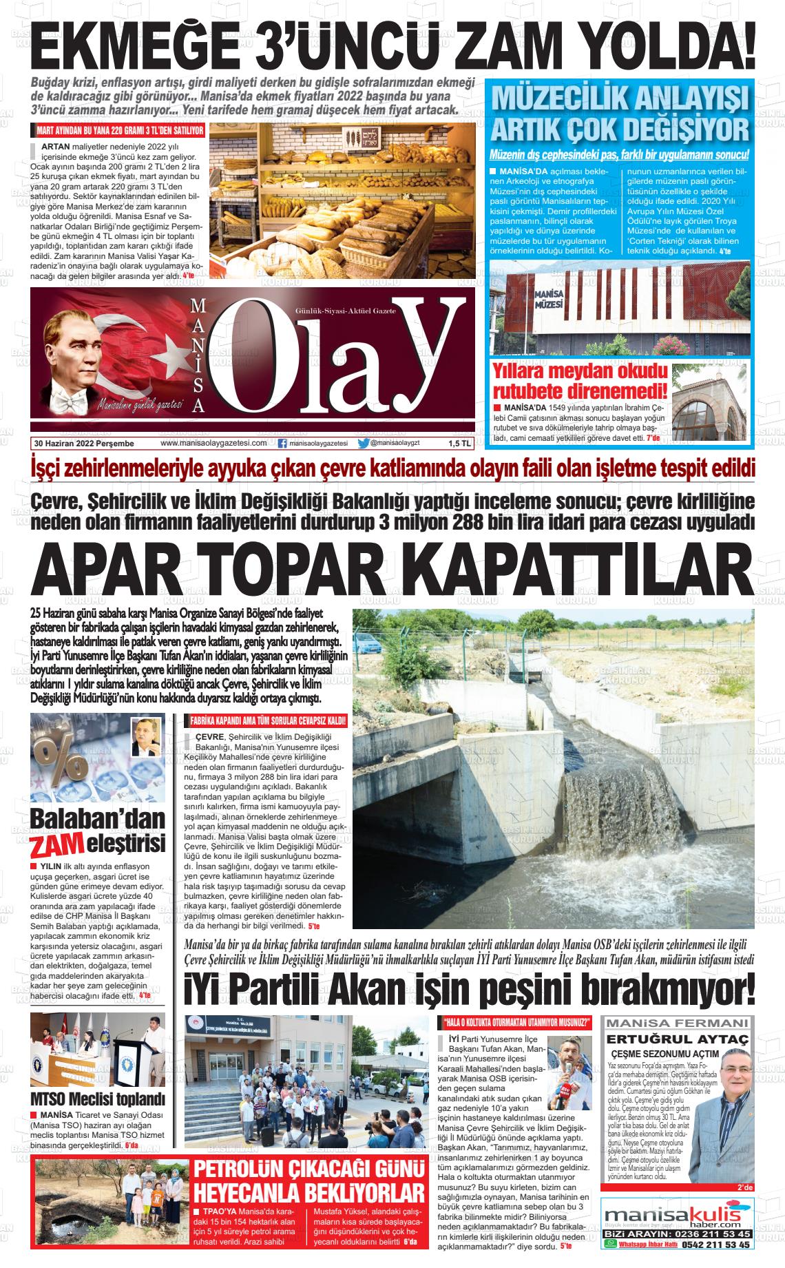01 Temmuz 2022 Manisa Olay Gazete Manşeti