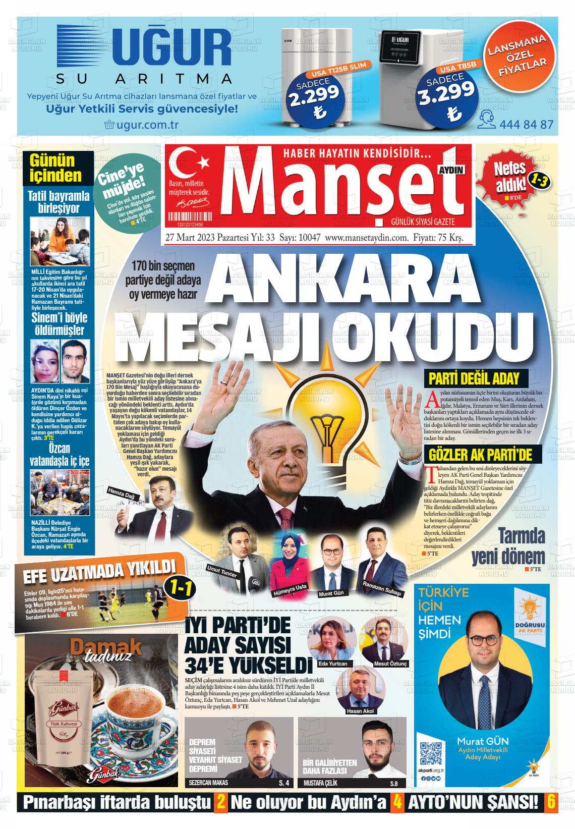 27 Mart 2023 Manşet Aydın Gazete Manşeti