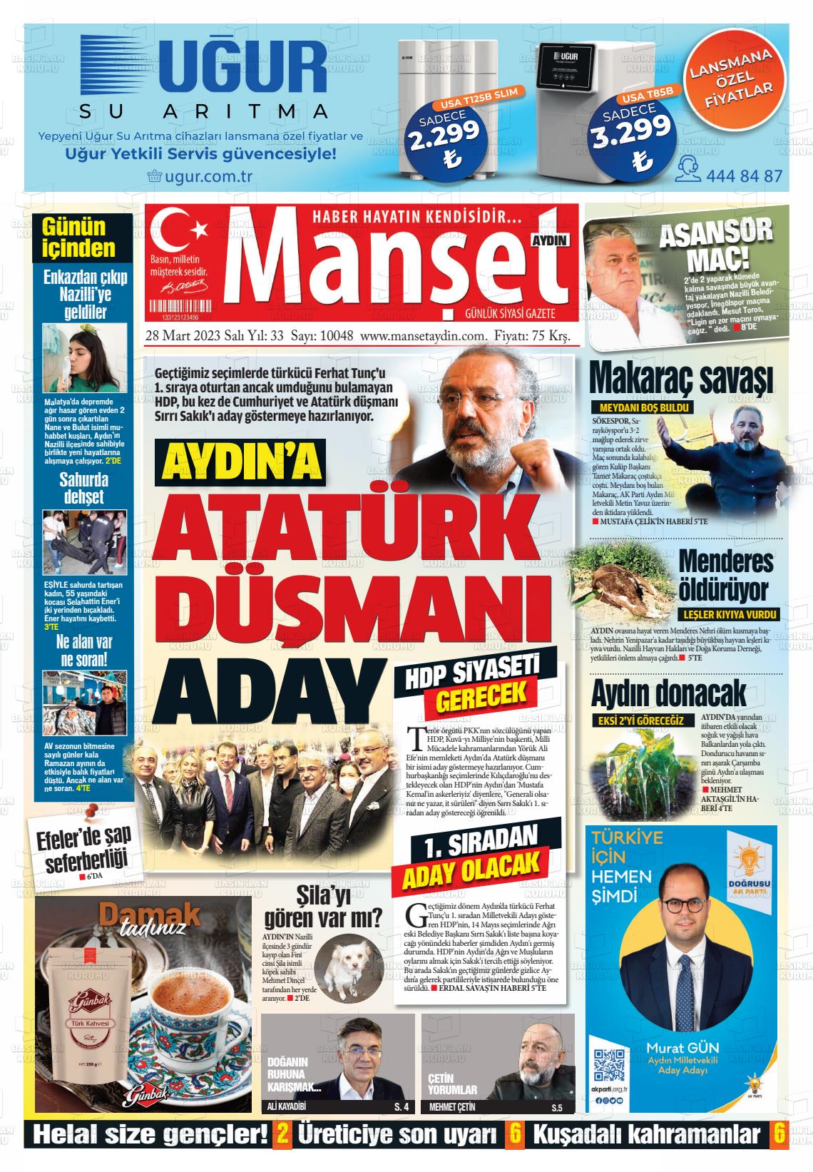 28 Mart 2023 Manşet Aydın Gazete Manşeti