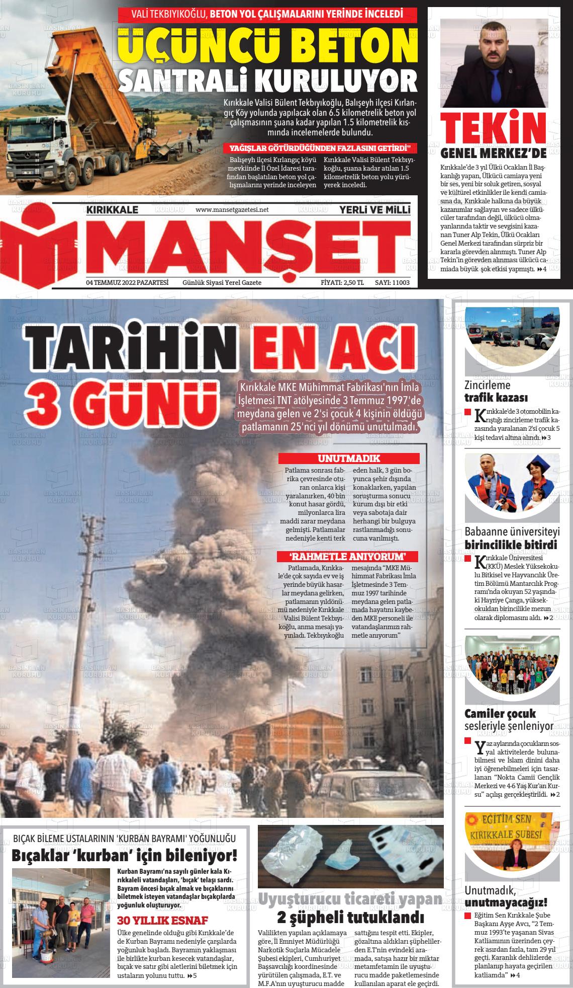 04 Temmuz 2022 Kırıkkale Manşet Gazete Manşeti