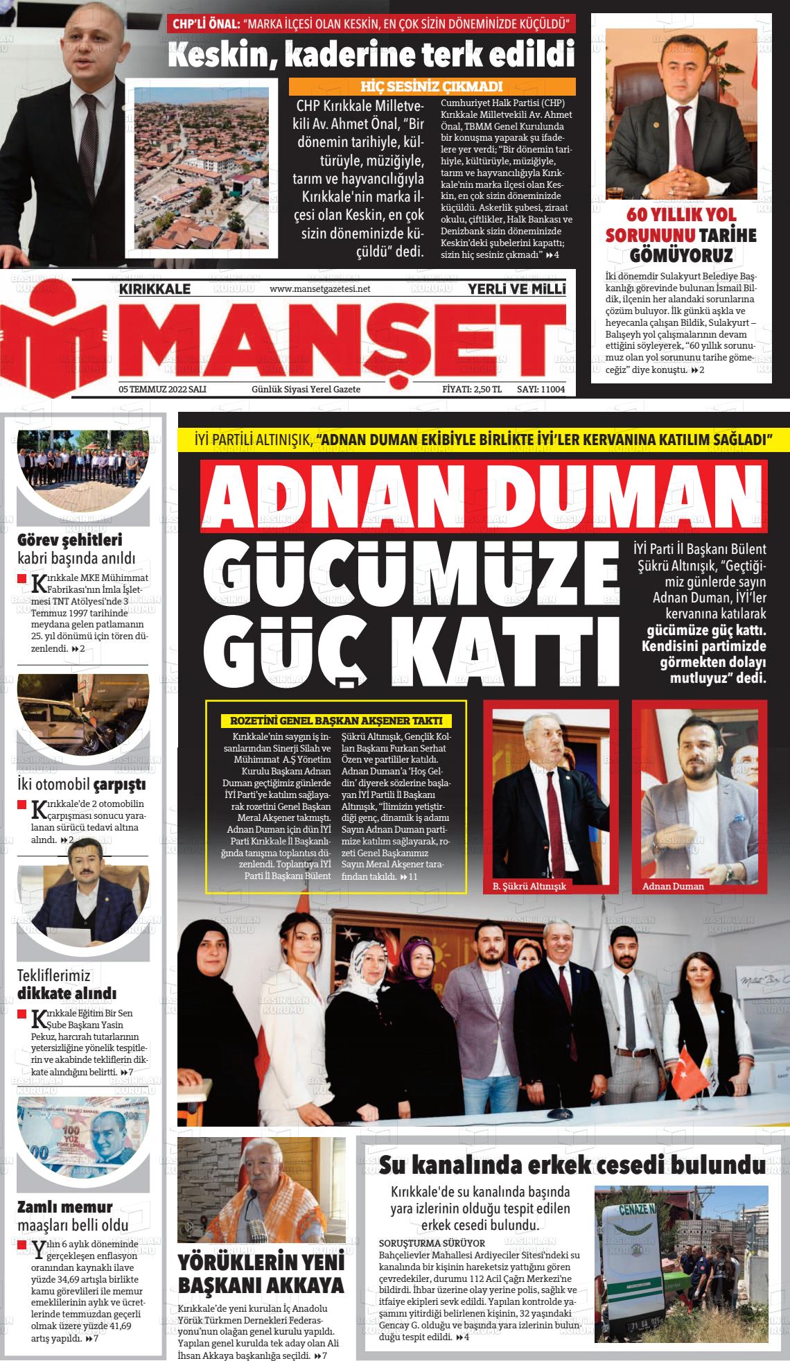 05 Temmuz 2022 Kırıkkale Manşet Gazete Manşeti